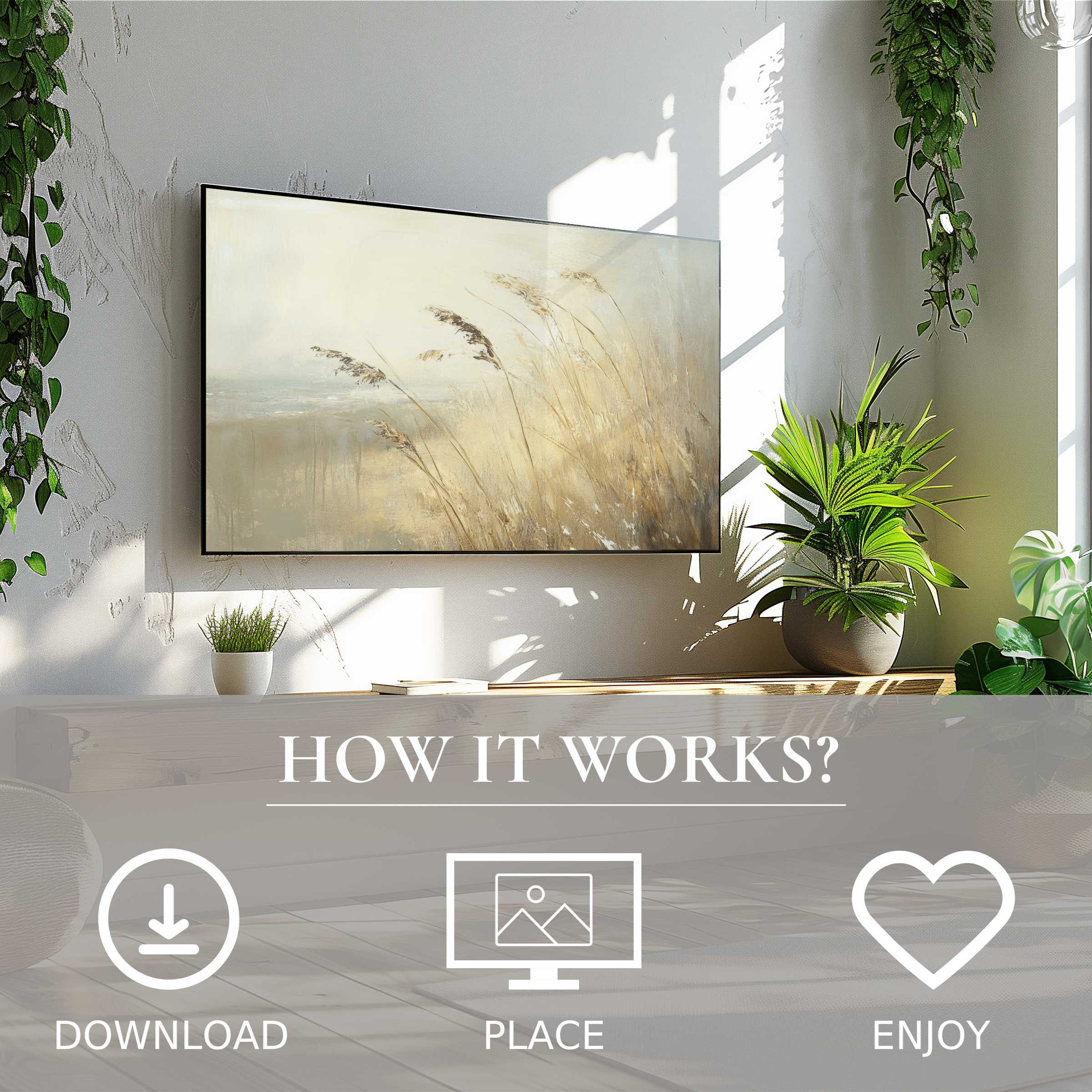 Beach art for Samsung TV with soft beach grass tones, easy digital download enriches modern, bright living spaces