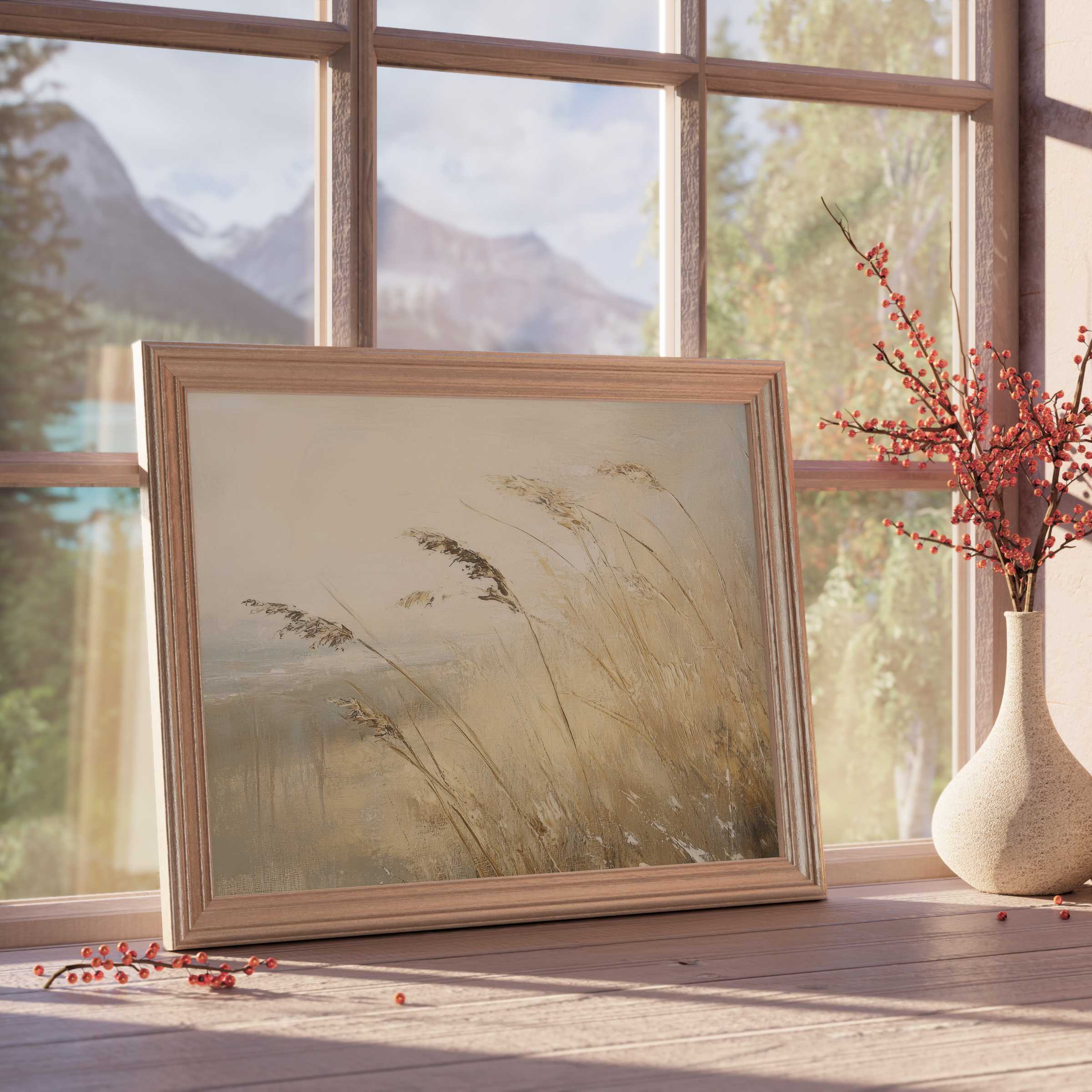 Tranquil beach downloadable art capturing delicate sea grasses in warm, muted tones, perfect for calm, curated interiors