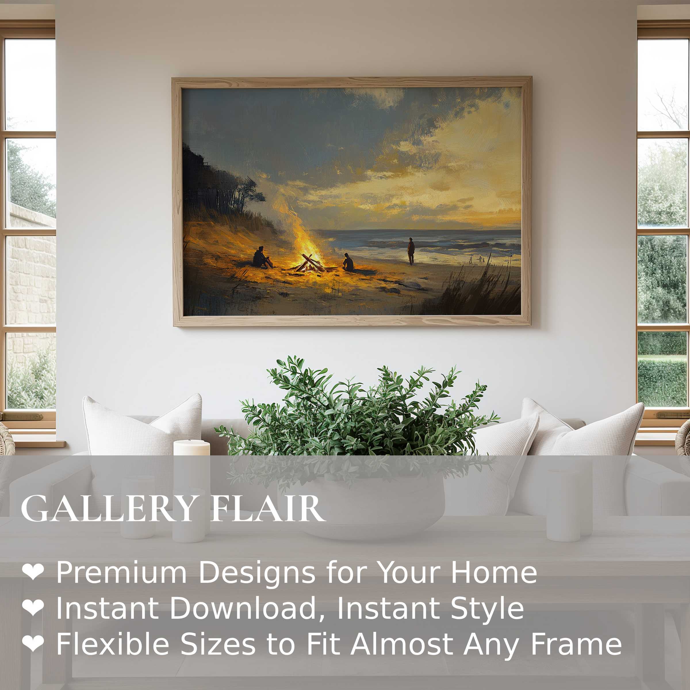 Coastal wall art print capturing a radiant beach bonfire at twilight, adding a warm, serene touch to modern coastal interiors