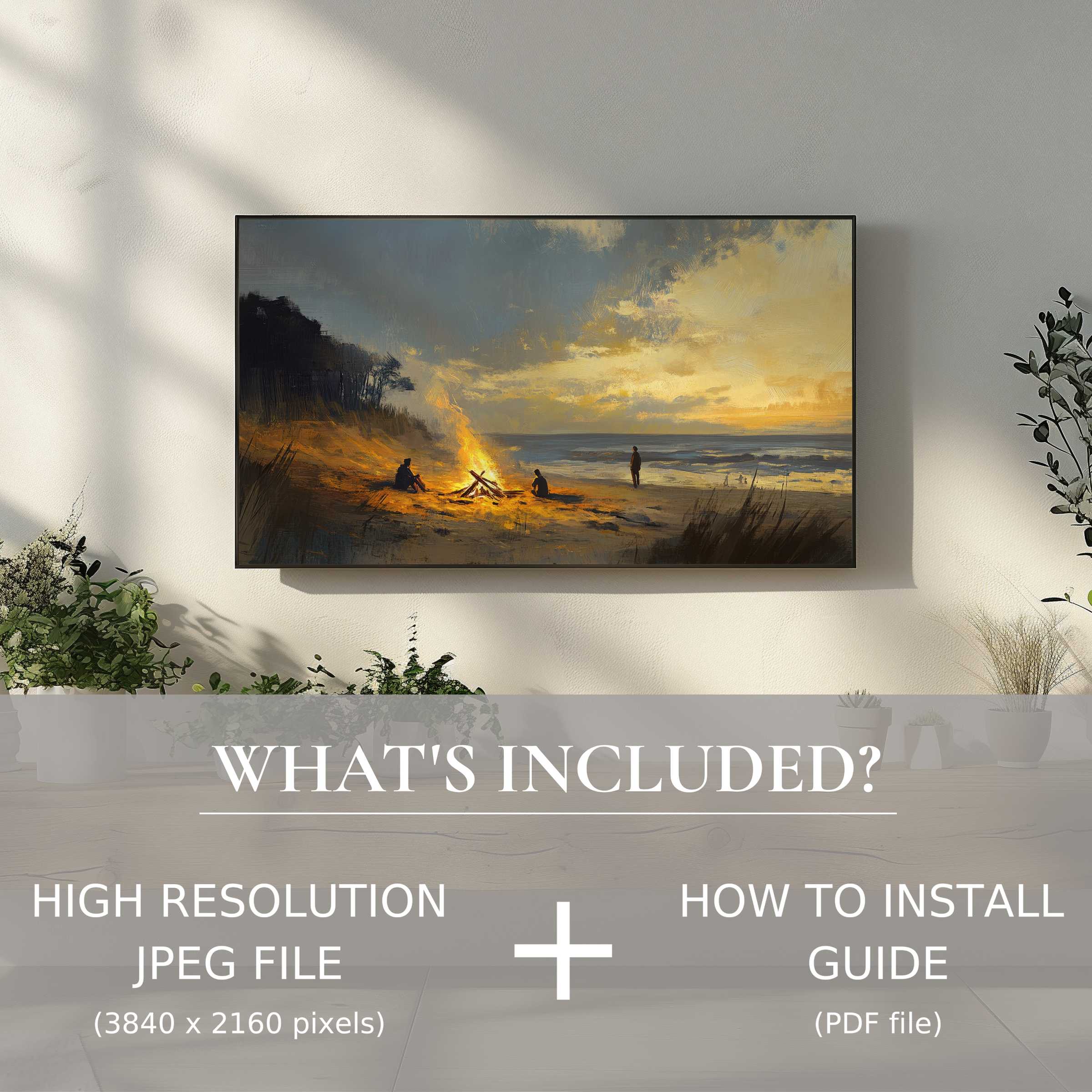 Elegant coastal digital TV art download enhances living spaces with easy digital use and calming beach bonfire scene