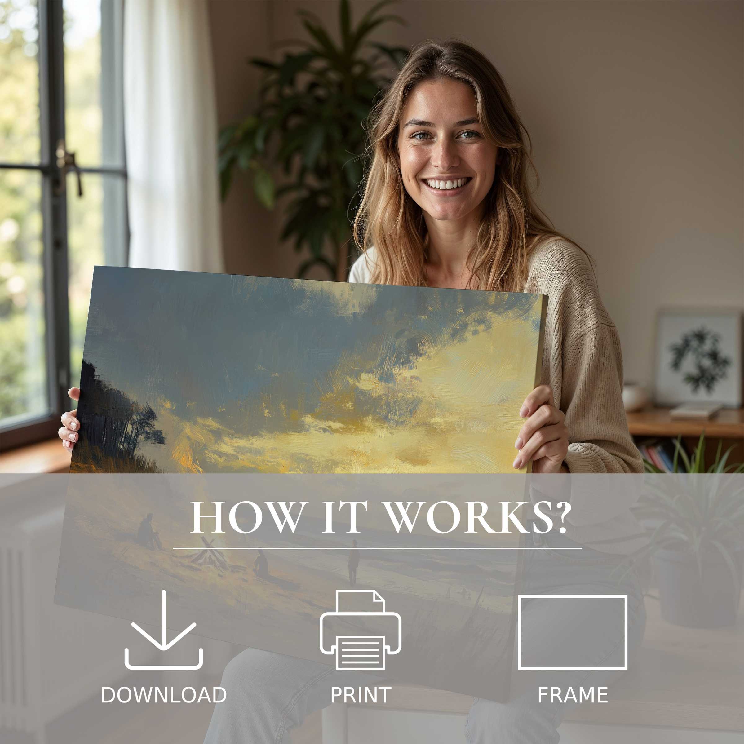 Coastal digital art print radiates calm joy as a modern home embraces effortless beauty through timeless art