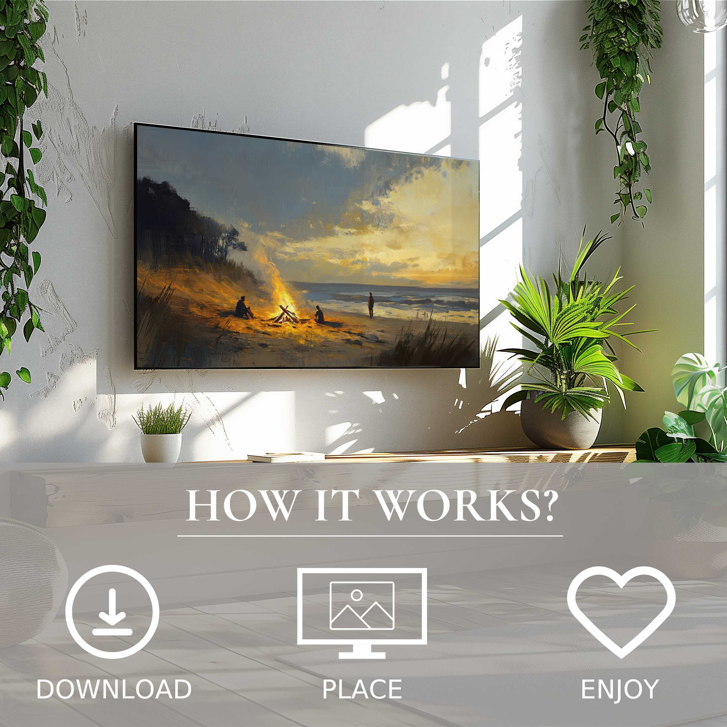 Modern living room with coastal art for Samsung TV, soft sunset tones, easy digital download, enhances space instantly