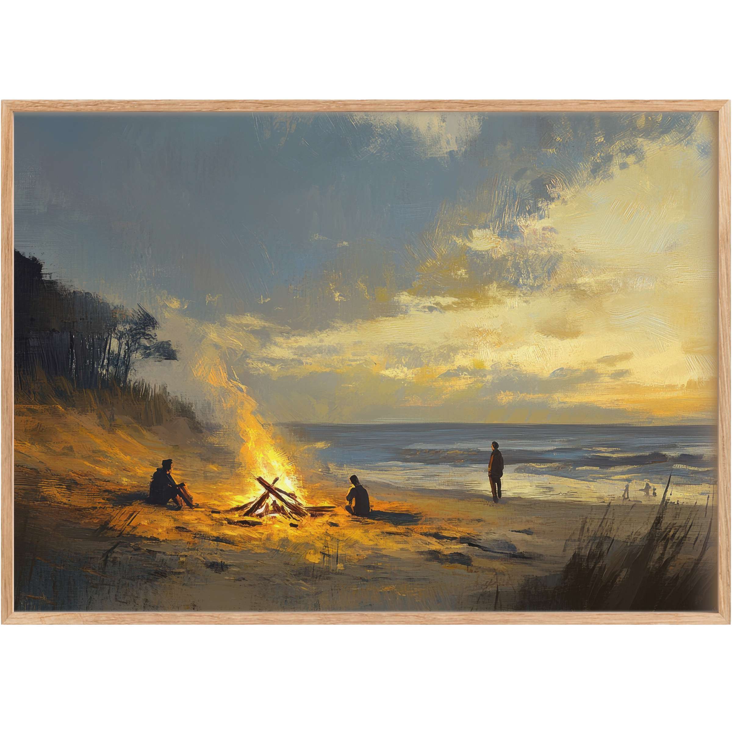 Coastal printable wall art featuring a serene beach bonfire at dusk, blending warm amber flames with soft twilight blues for a calming, reflective ambiance