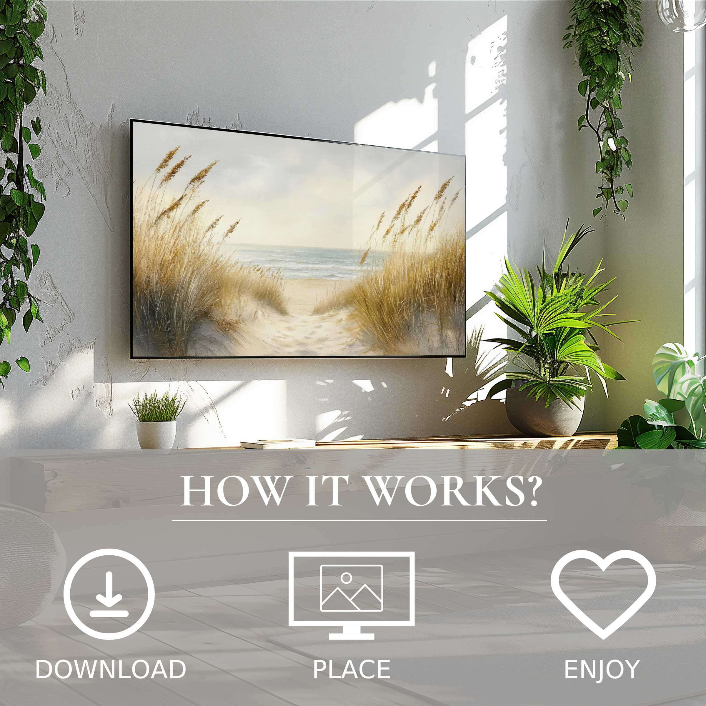 Modern living room with easy digital download summer art for Samsung TV showing soft sunset tones on beach dunes