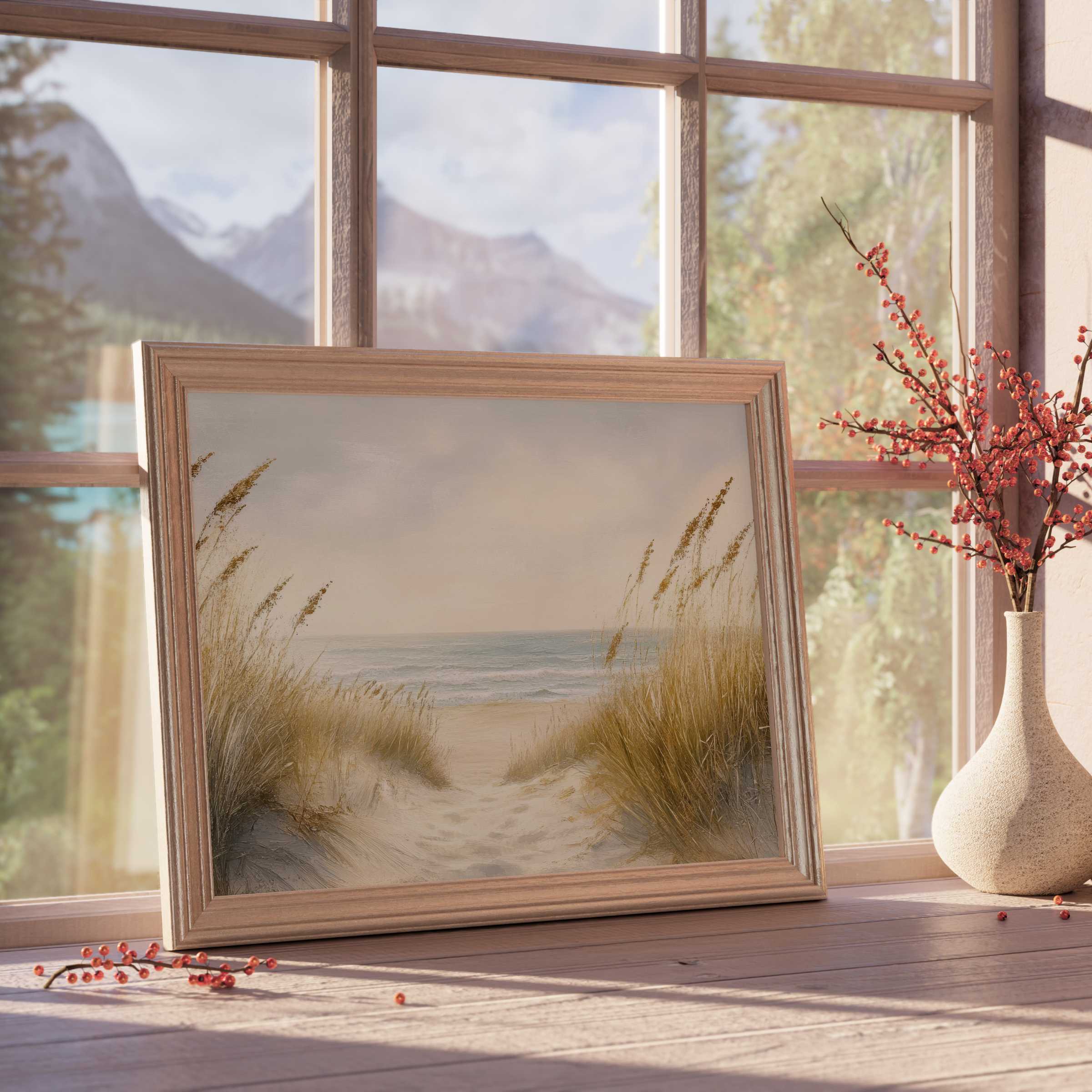 Summer downloadable art capturing a serene coastal path with soft dunes and warm, calming ocean hues for elevated interiors