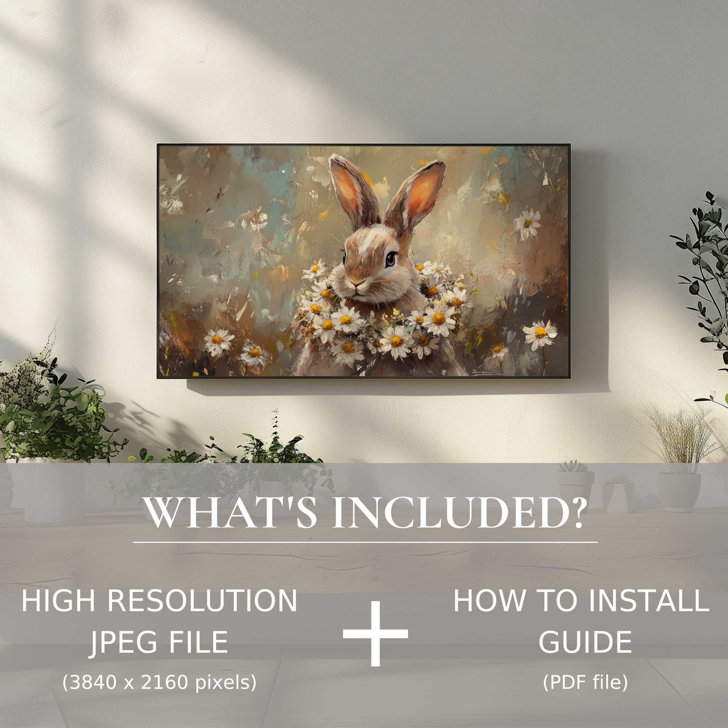 Elegant living space featuring an easter digital TV art download, enhancing ambiance with easy digital use