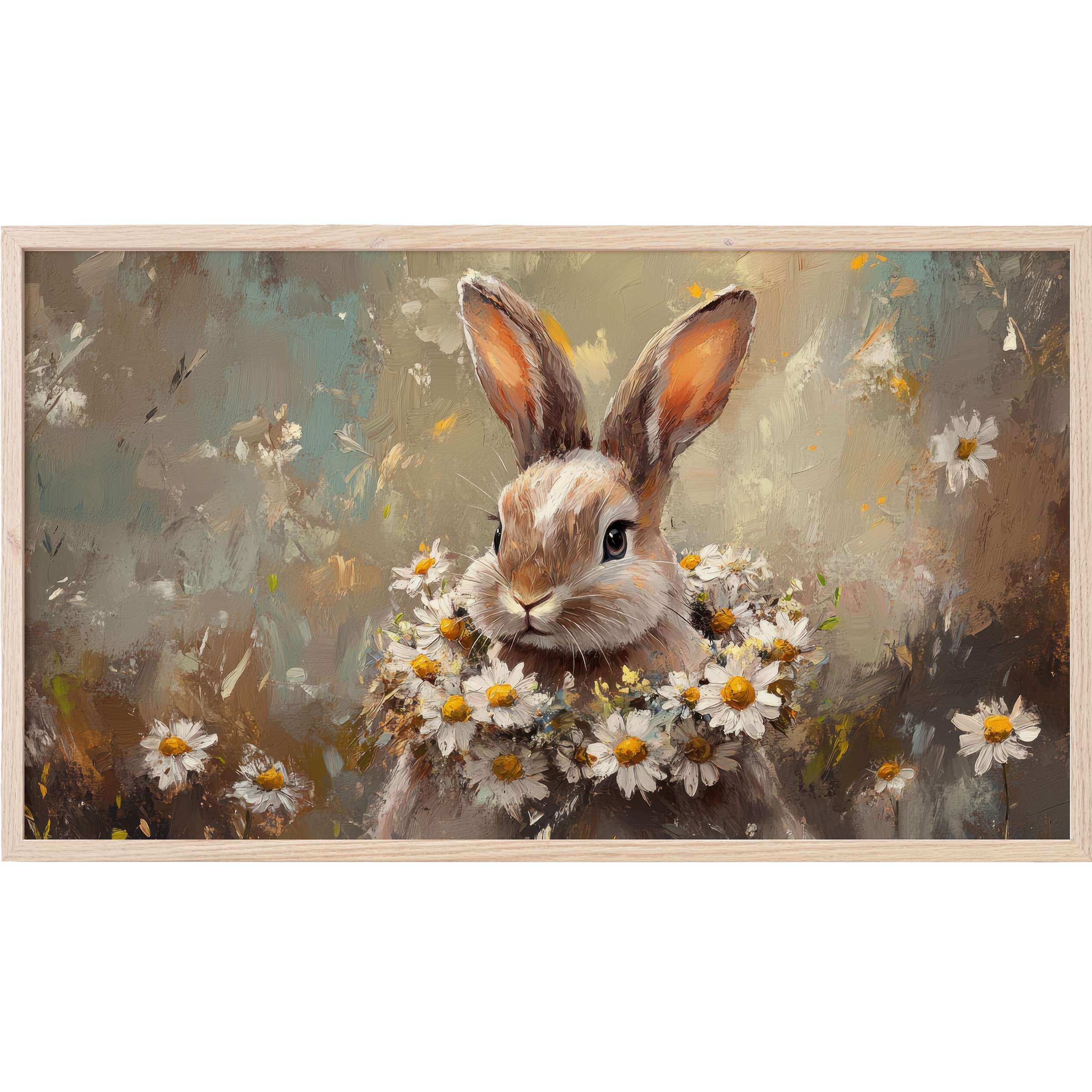 Elegant easter Frame TV Art of a soft brown rabbit adorned with daisies in a muted, textured, painterly style