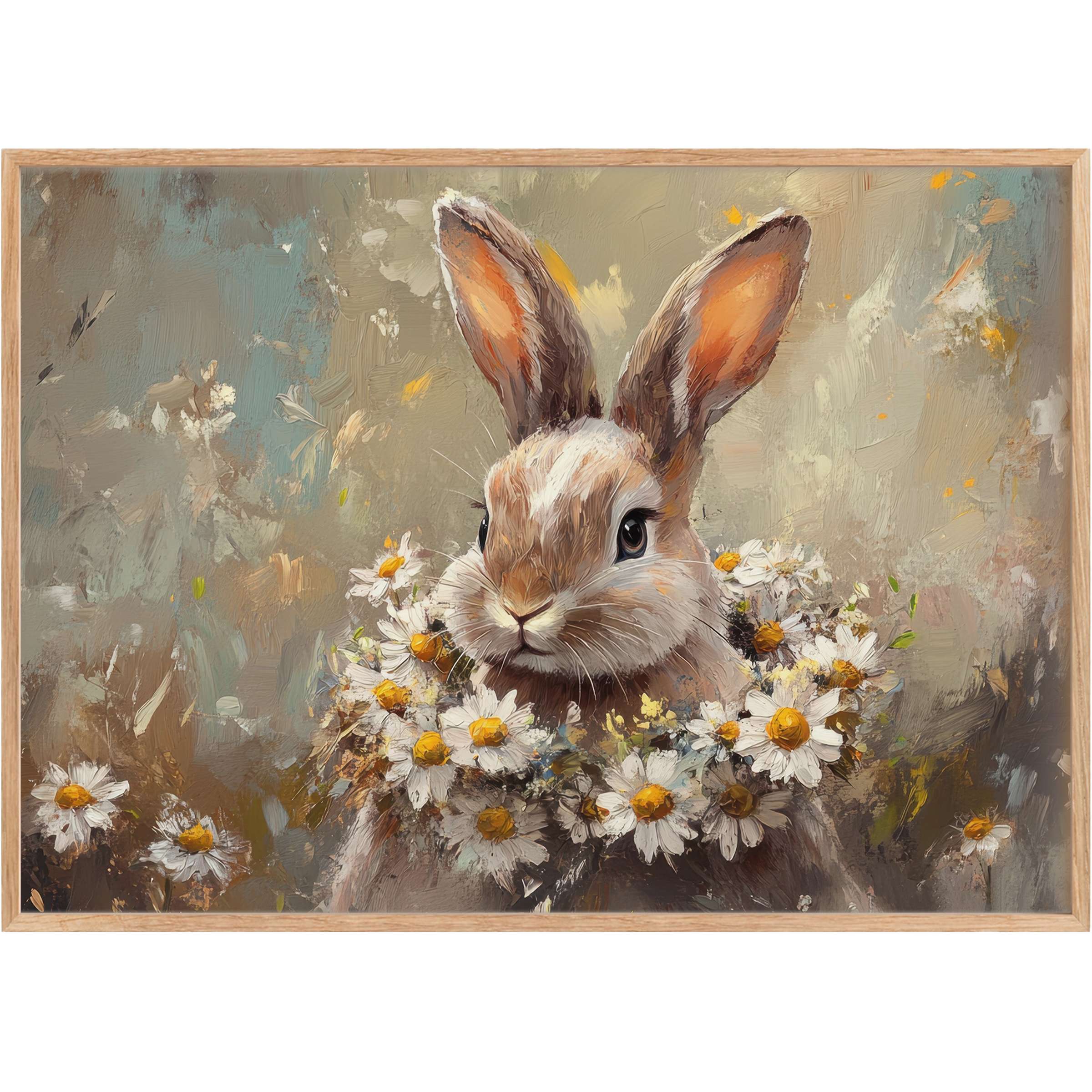 Charming easter printable wall art of a gentle bunny adorned with fresh daisies, evoking a serene, warm spring ambiance