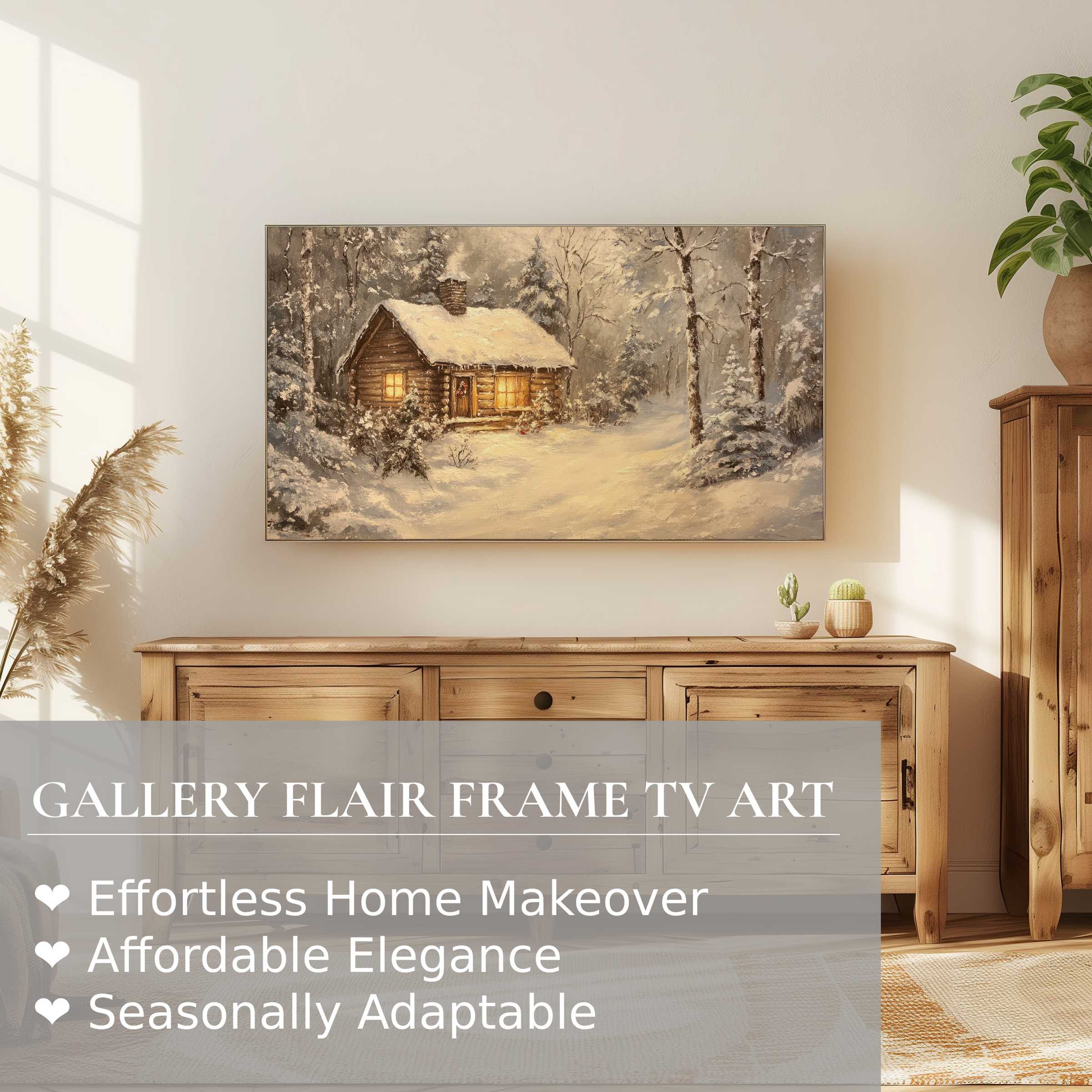 Warm winter cabin scene on Samsung Frame TV, showcasing elegant Christmas digital artwork in a modern, cozy setting