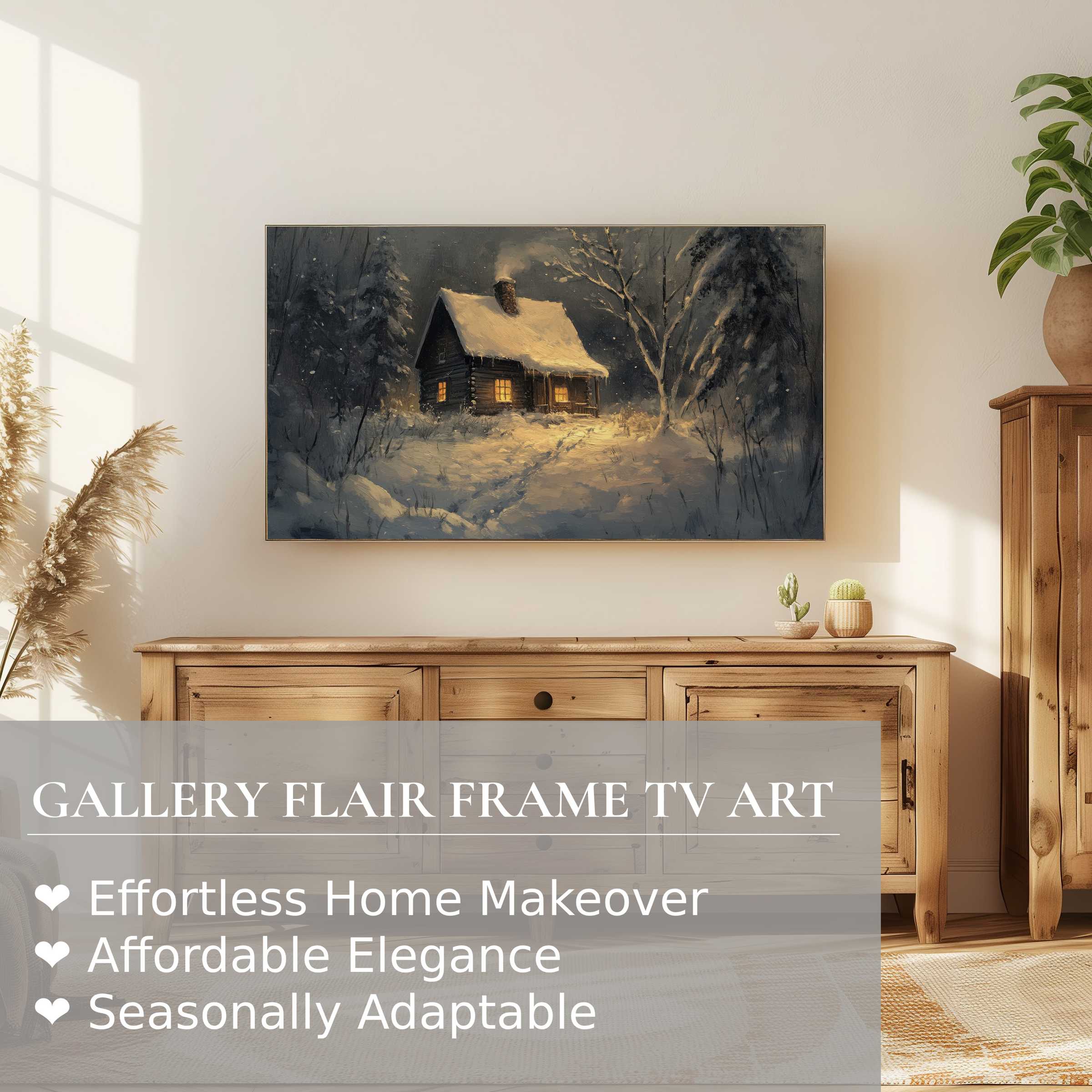Samsung Frame TV displays a winter digital artwork of a cozy cabin in snow, perfect for refined home decor