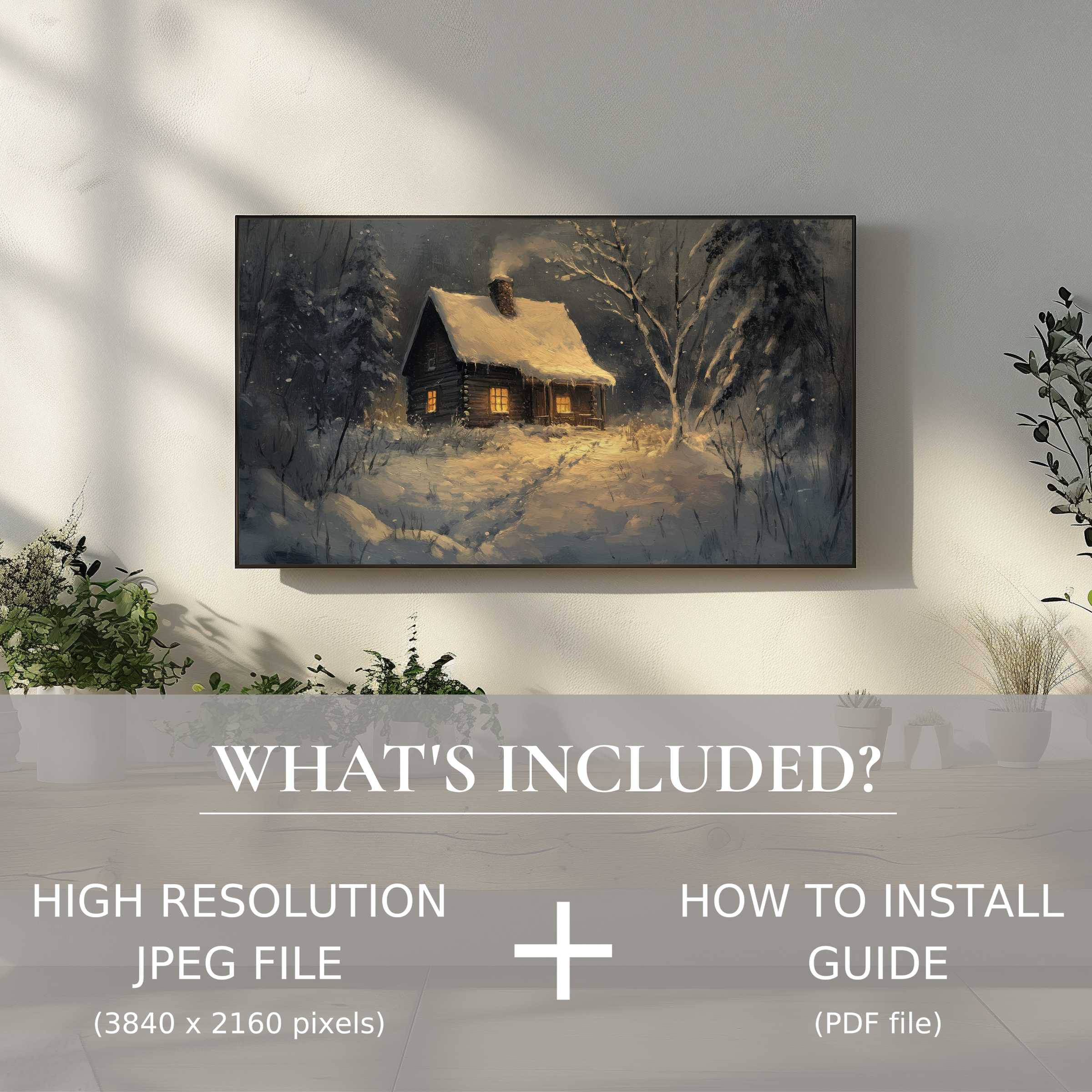 Elegant winter digital TV art download shows a cozy snowy cabin, easily enhancing modern living spaces with simple digital use