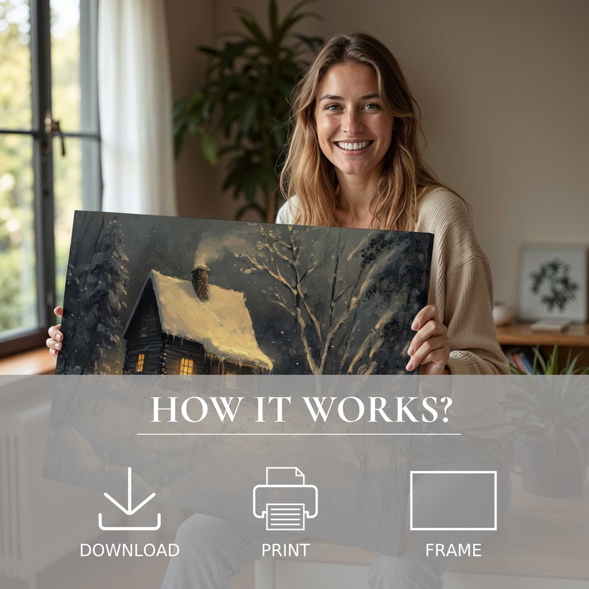 A winter digital art print brings warmth and joy, embraced in a stylish home, celebrating art’s ease and beauty