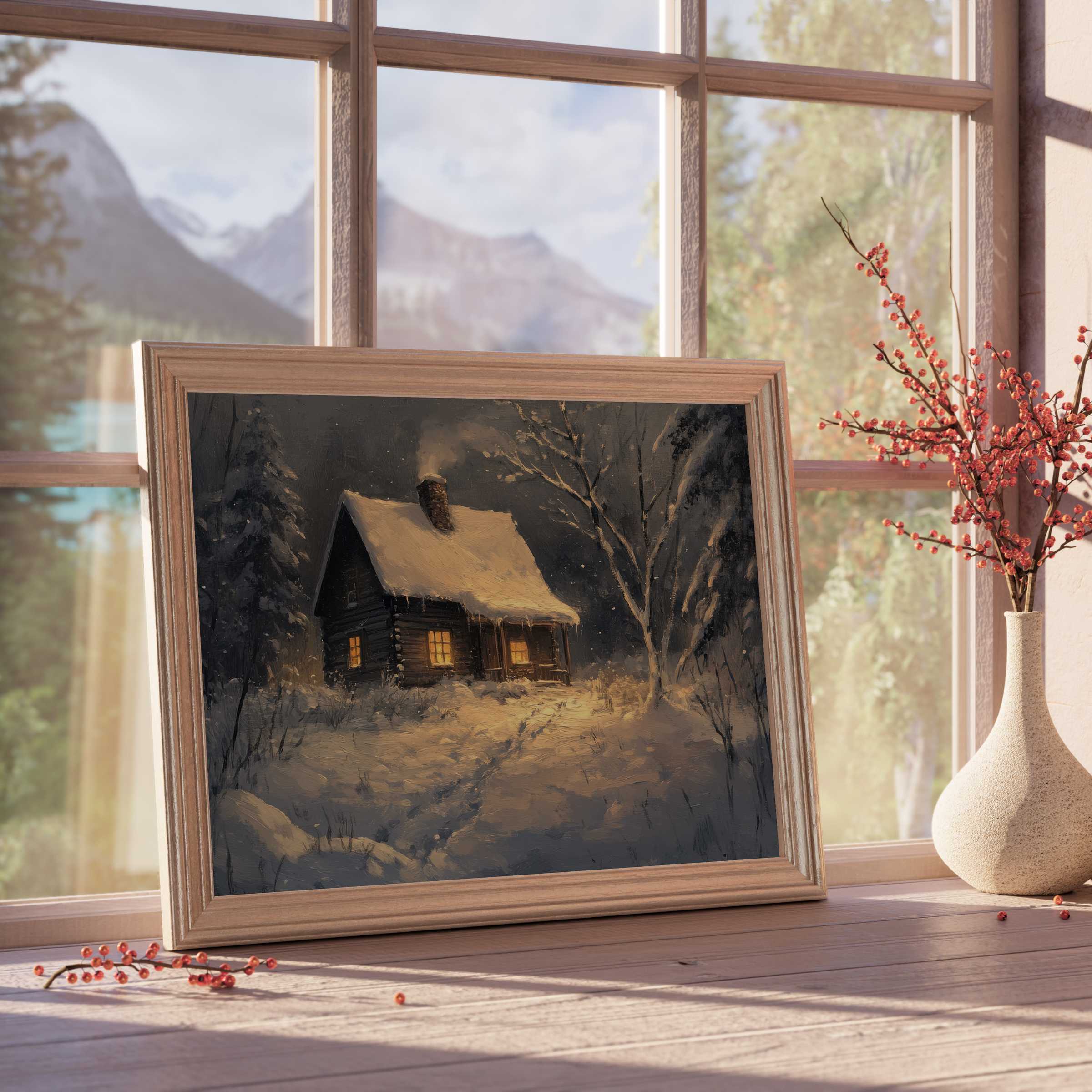 Winter downloadable art capturing a cozy cabin’s warm glow, elevating serene, curated interiors with rustic charm