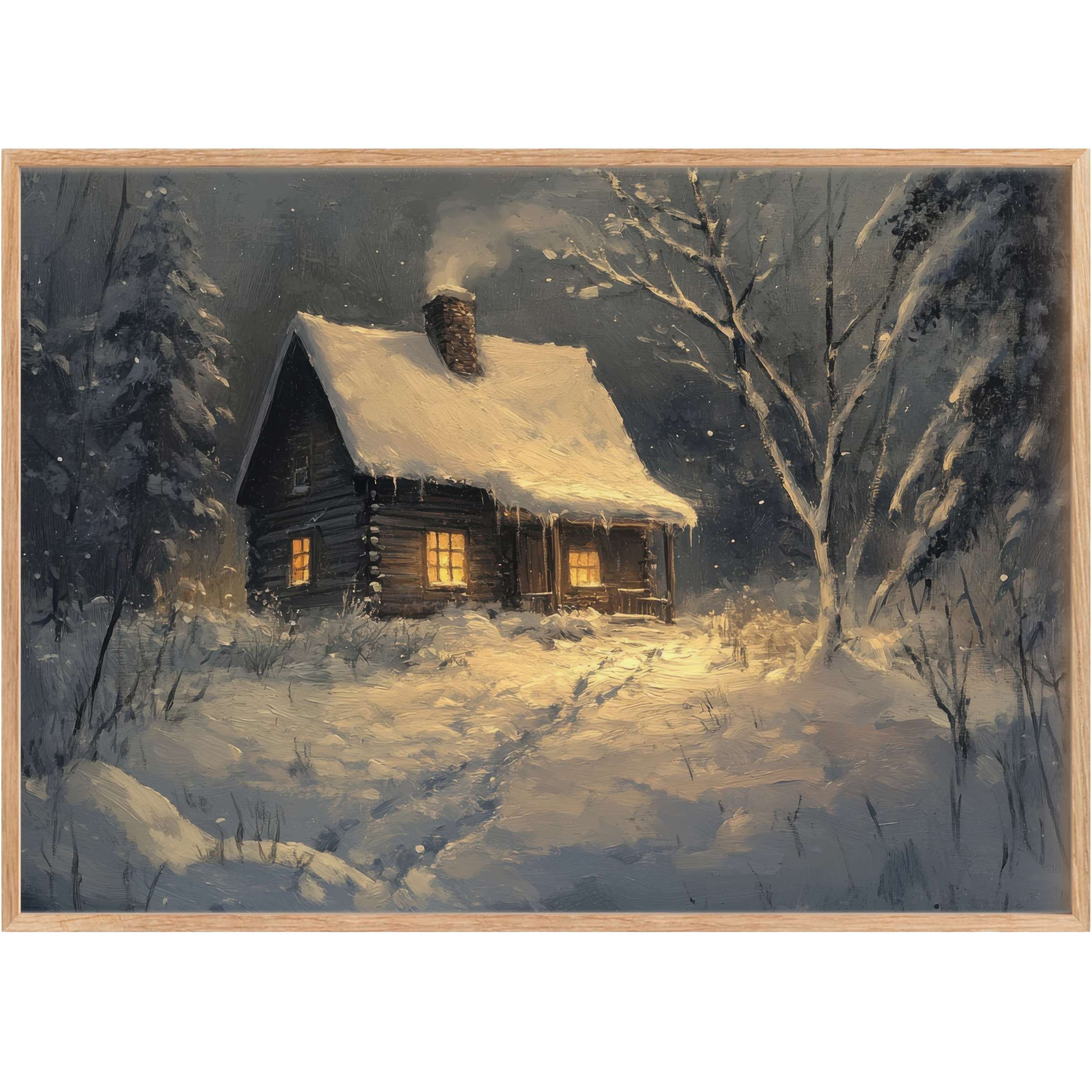 Cozy winter printable wall art capturing a glowing cabin amidst serene snow, evoking warmth and tranquil elegance