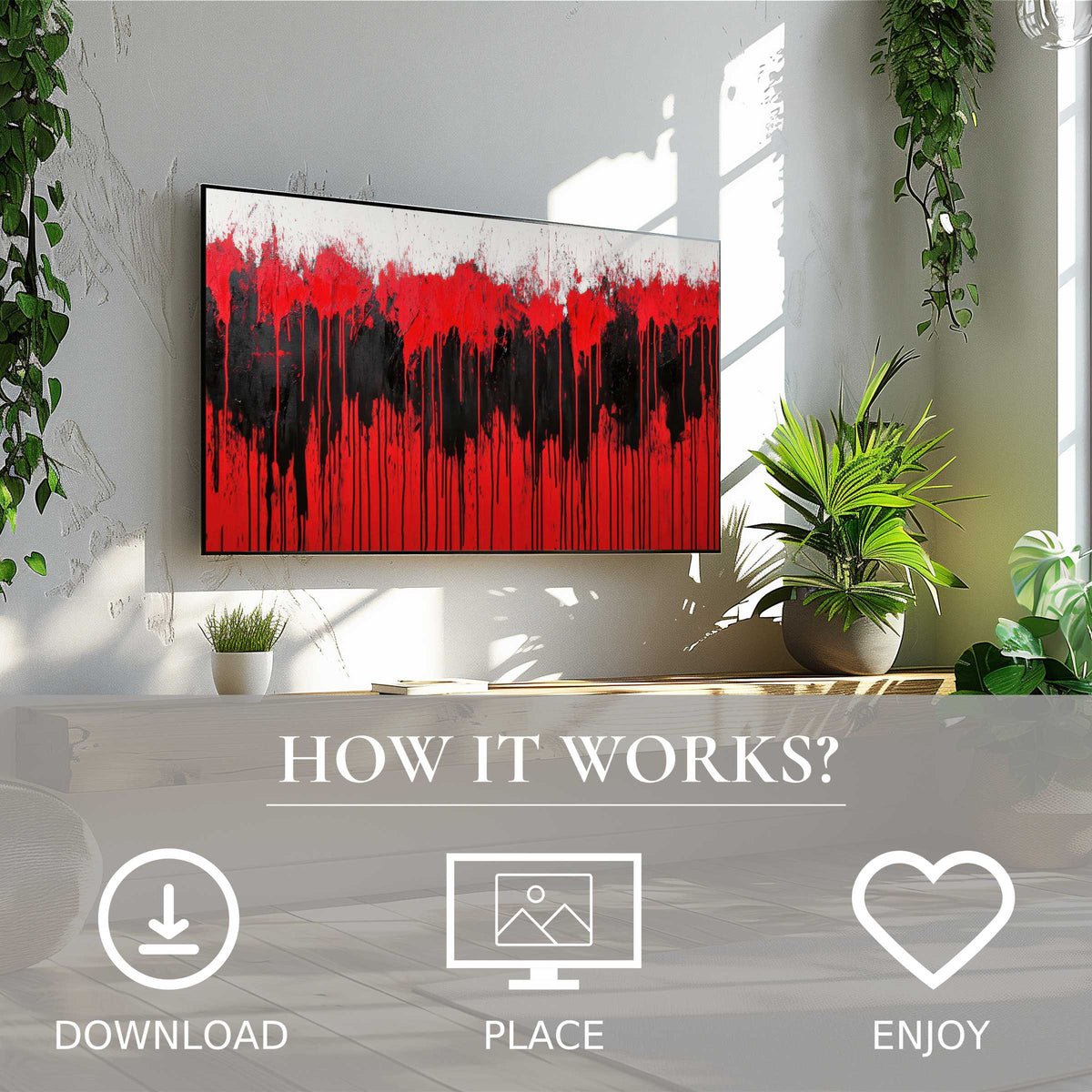 Modern art for Samsung TV: bold red and black drip motif, easy digital download, enhances any living space with style