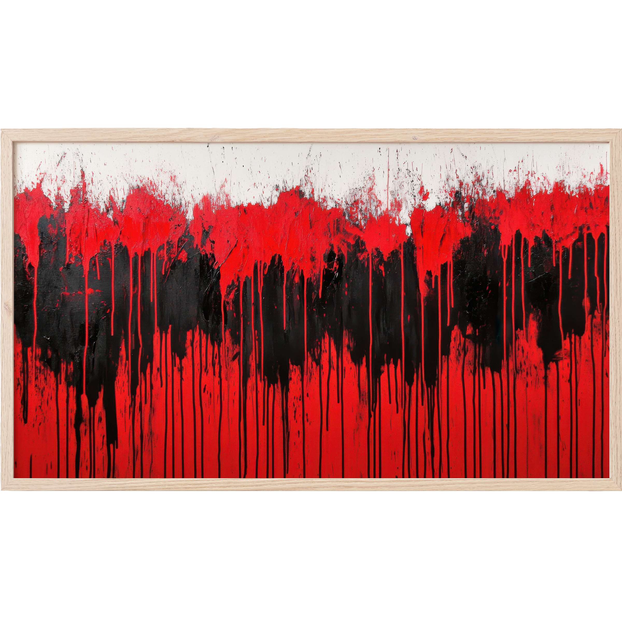 Bold red and black drips cascade on white, creating striking modern Frame TV Art with raw, textured elegance