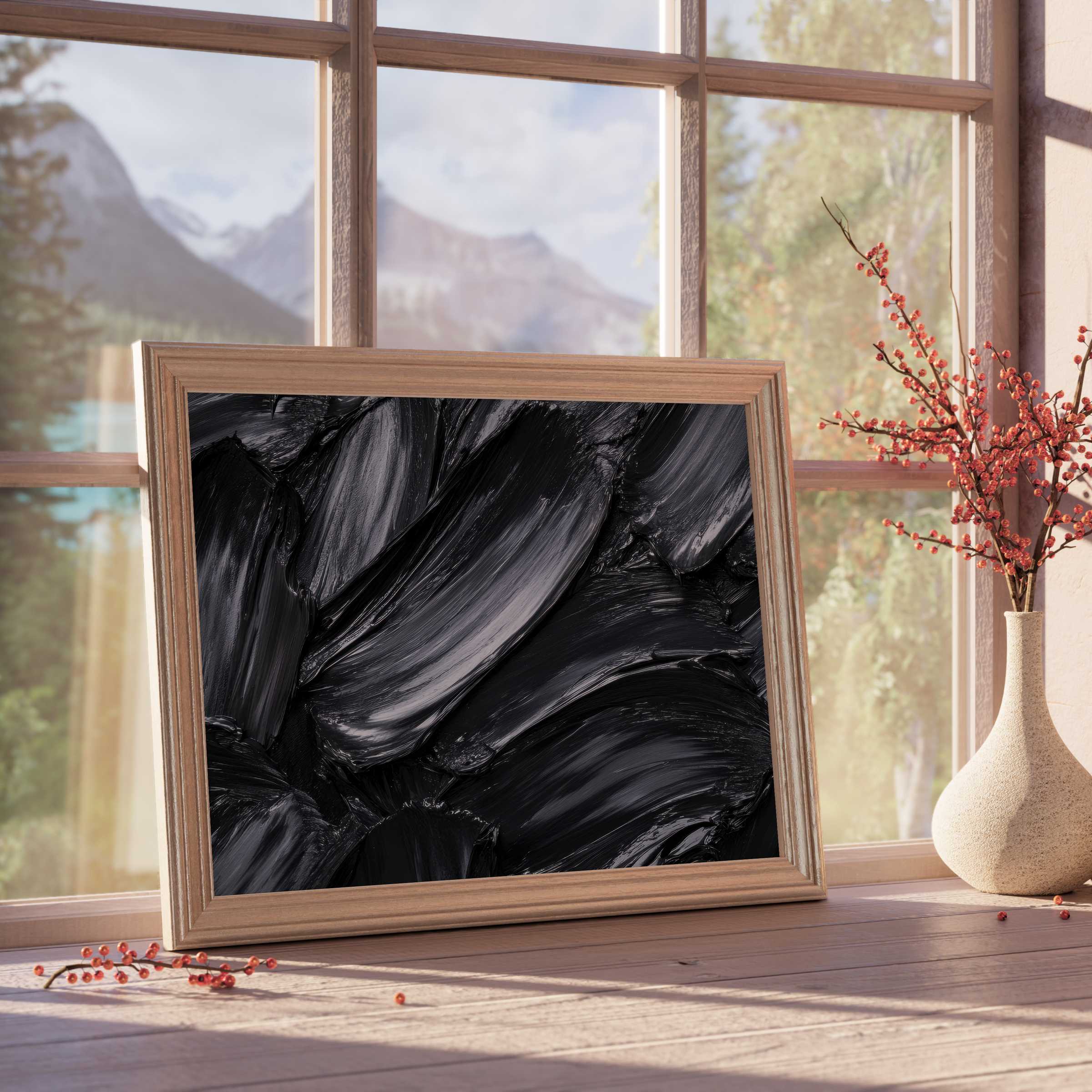 Sleek abstract downloadable art in rich ebony tones, elevating curated interiors with modern, textured elegance and serene sophistication