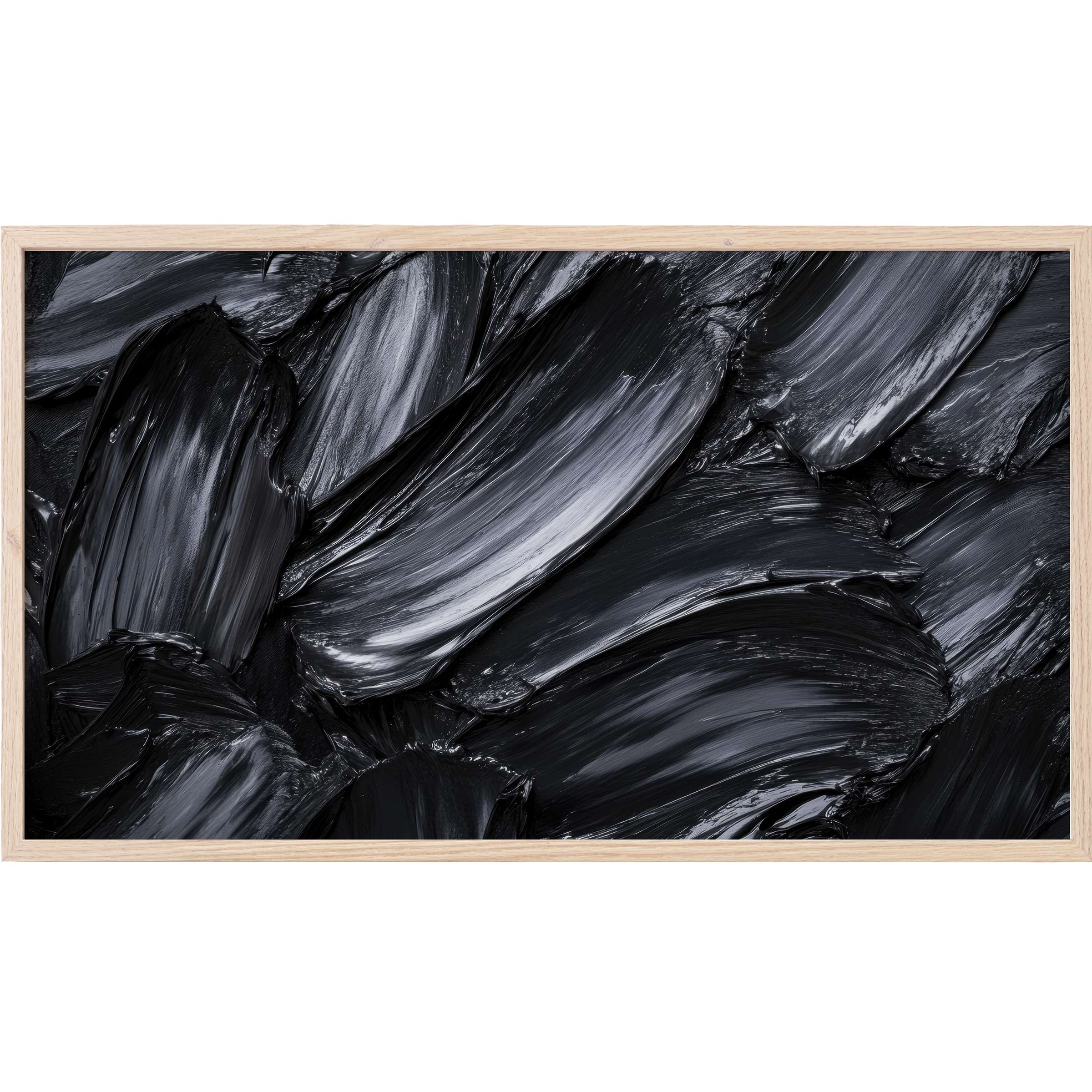 Abstract Frame TV Art with bold, sweeping black brushstrokes and glossy textures in a sleek natural wood frame