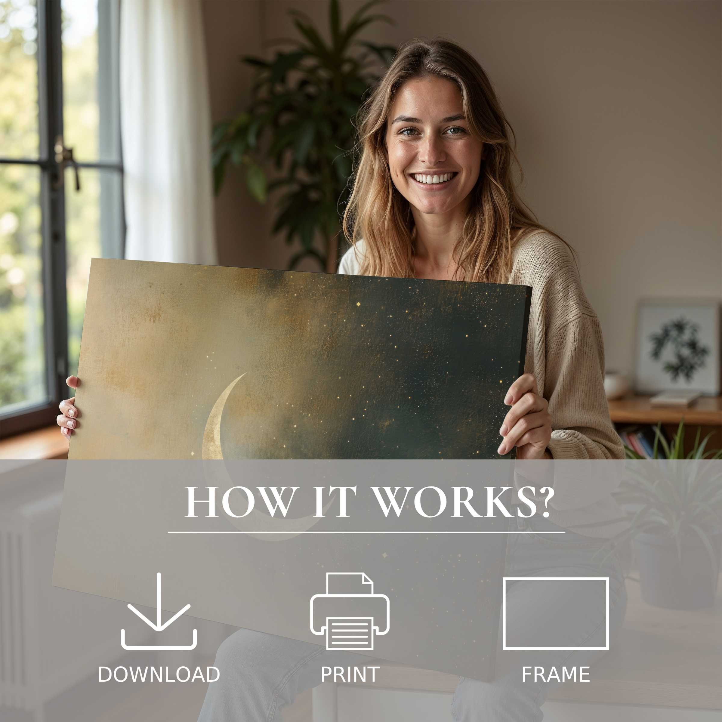 Radiating warmth and joy, a woman shares a serene moment with a neutral digital art print, elevating modern home elegance