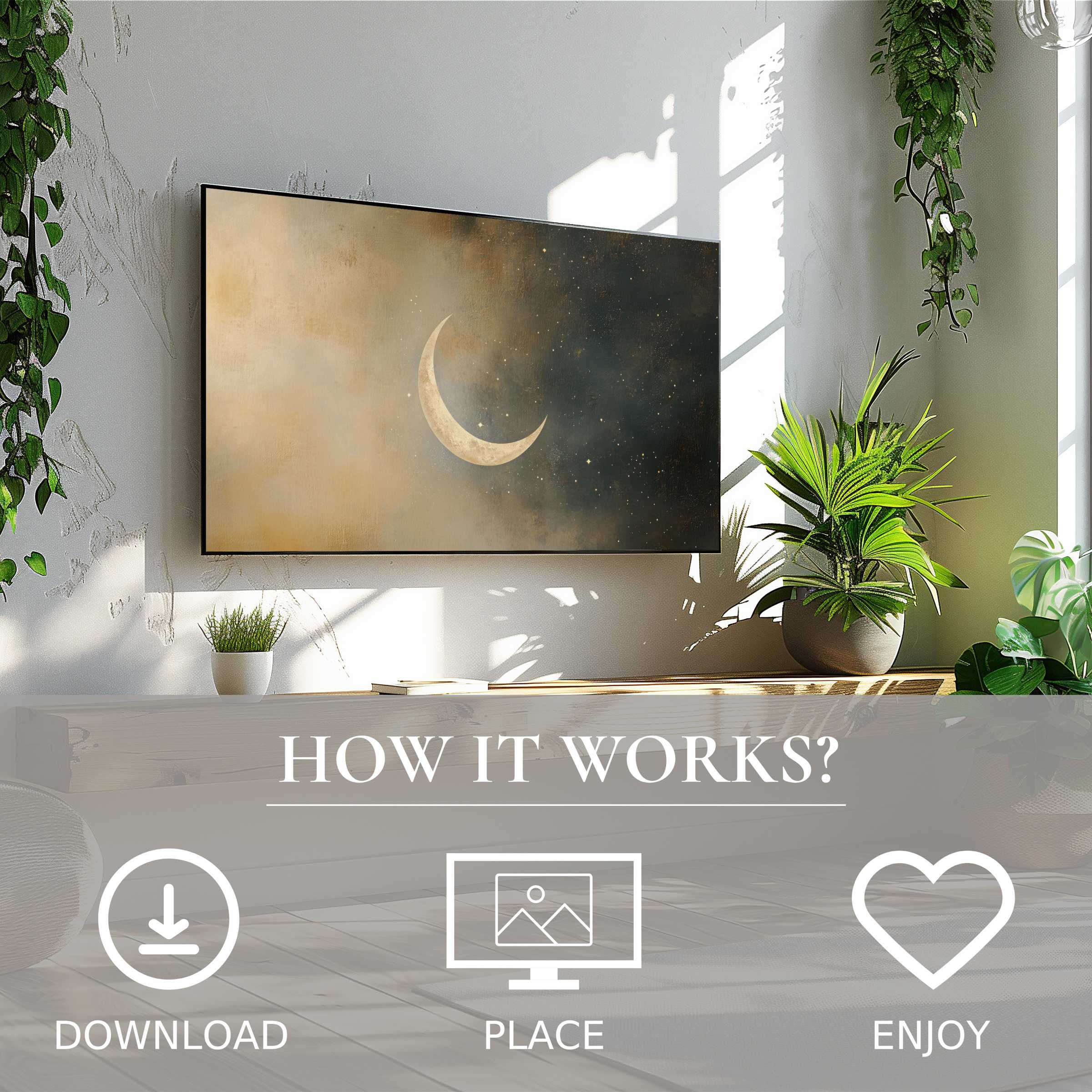 Neutral art for Samsung TV shows a crescent moon motif in soft dusk tones, enhancing living spaces via easy digital download