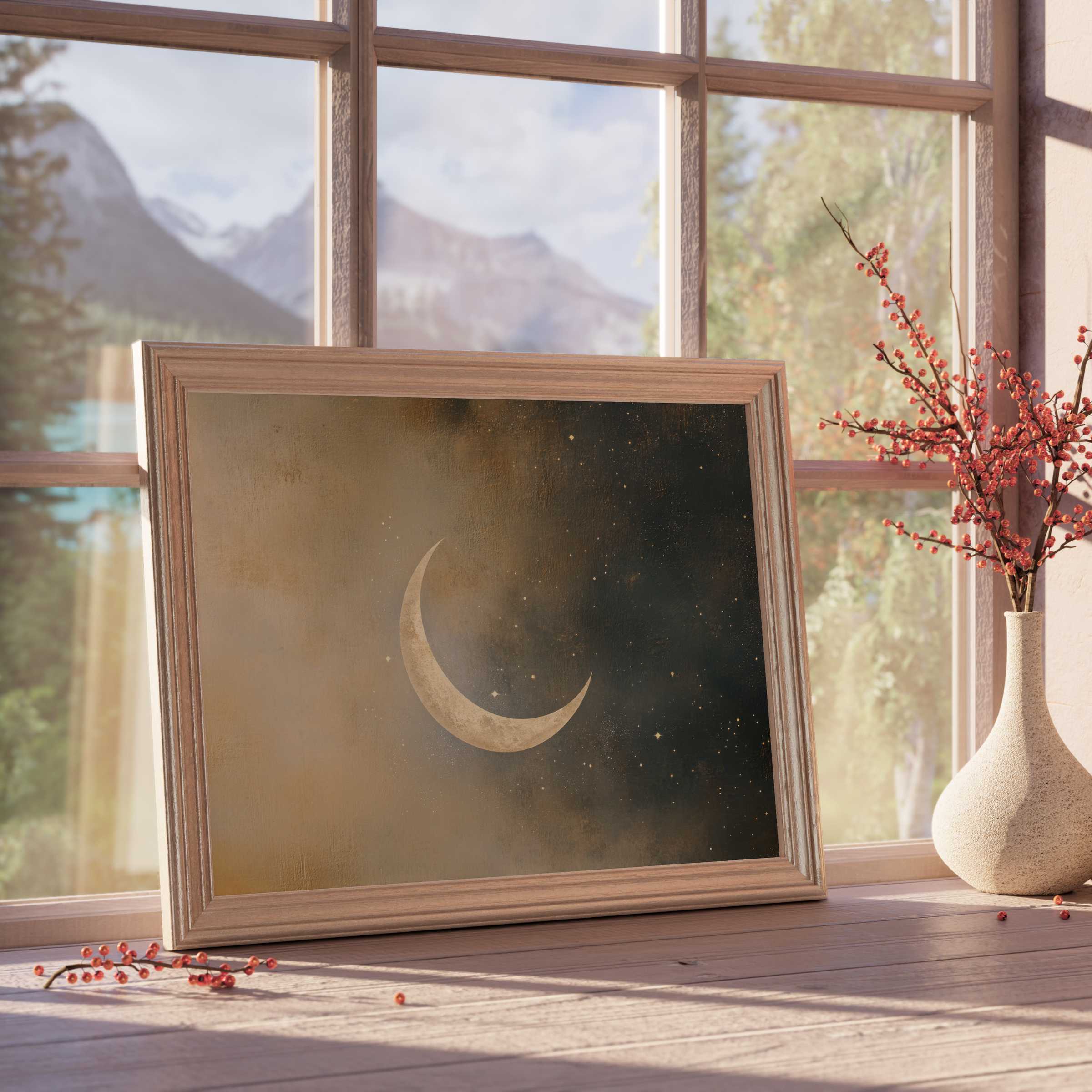 Neutral downloadable art featuring a serene crescent moon in muted tones, perfect for calm, curated interiors