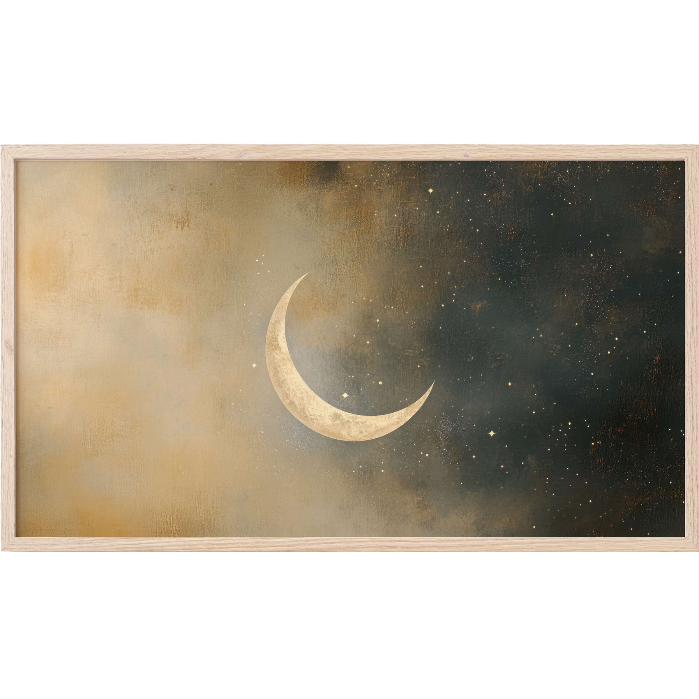 Elegant crescent moon in soft gold and charcoal hues with stars, perfect neutral Frame TV Art for modern spaces