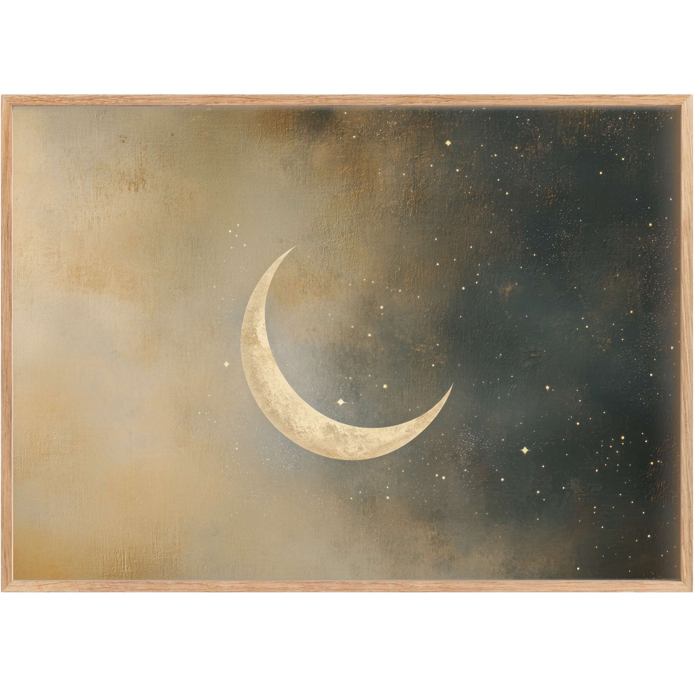 Elegant crescent moon and starry night in warm beige and deep charcoal, creating calming, celestial neutral printable wall art