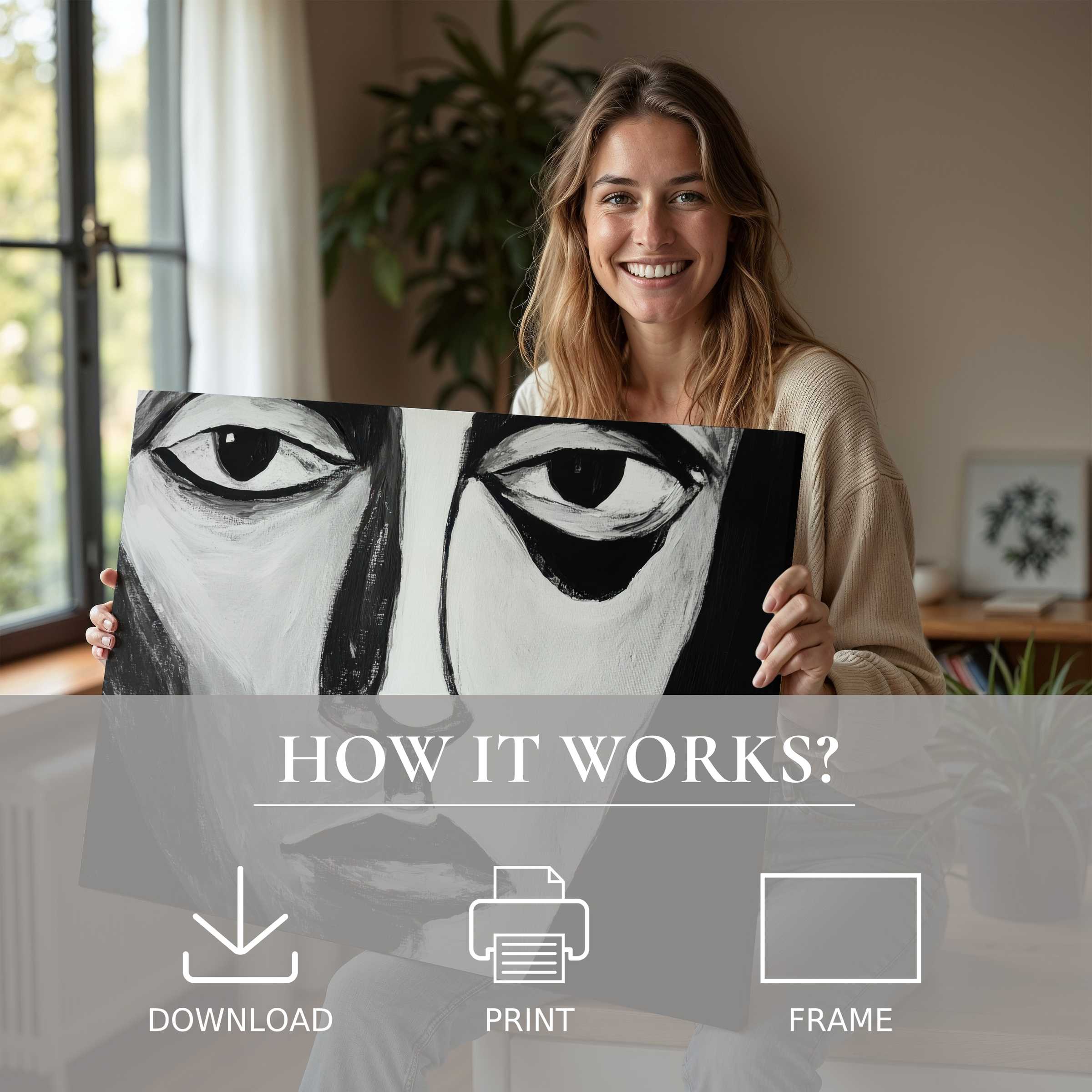 A serene moment of connection with black and white digital art print, elevating modern living spaces through refined simplicity and joy