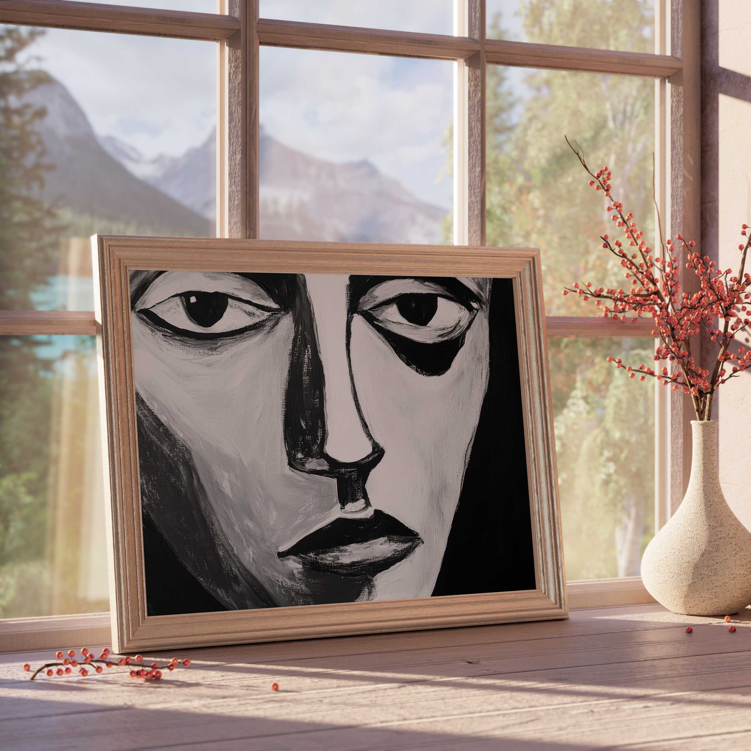 Black and white downloadable art featuring an evocative abstract face, perfect for modern, curated interiors with a tranquil, design-forward ambiance