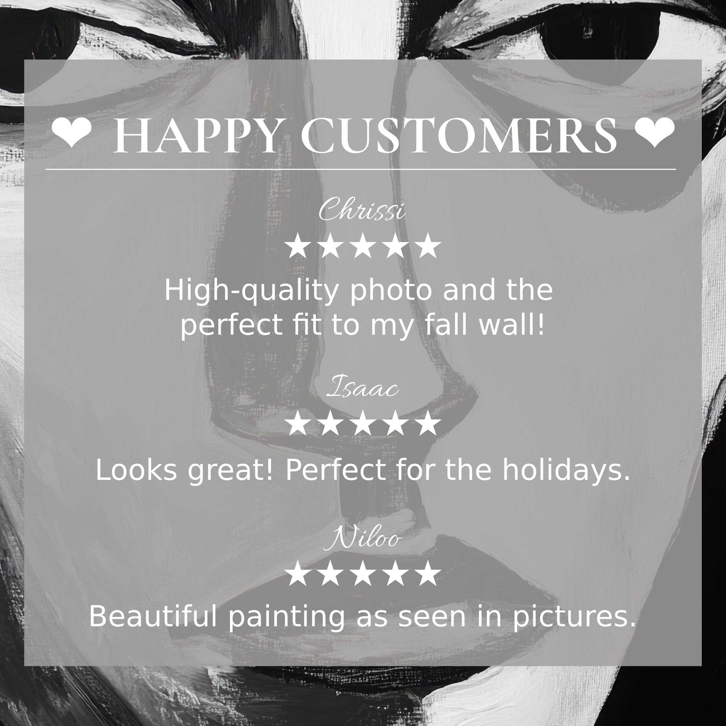 Black and white art for Frame TV with abstract face background, showing happy customer reviews and elegant aesthetic