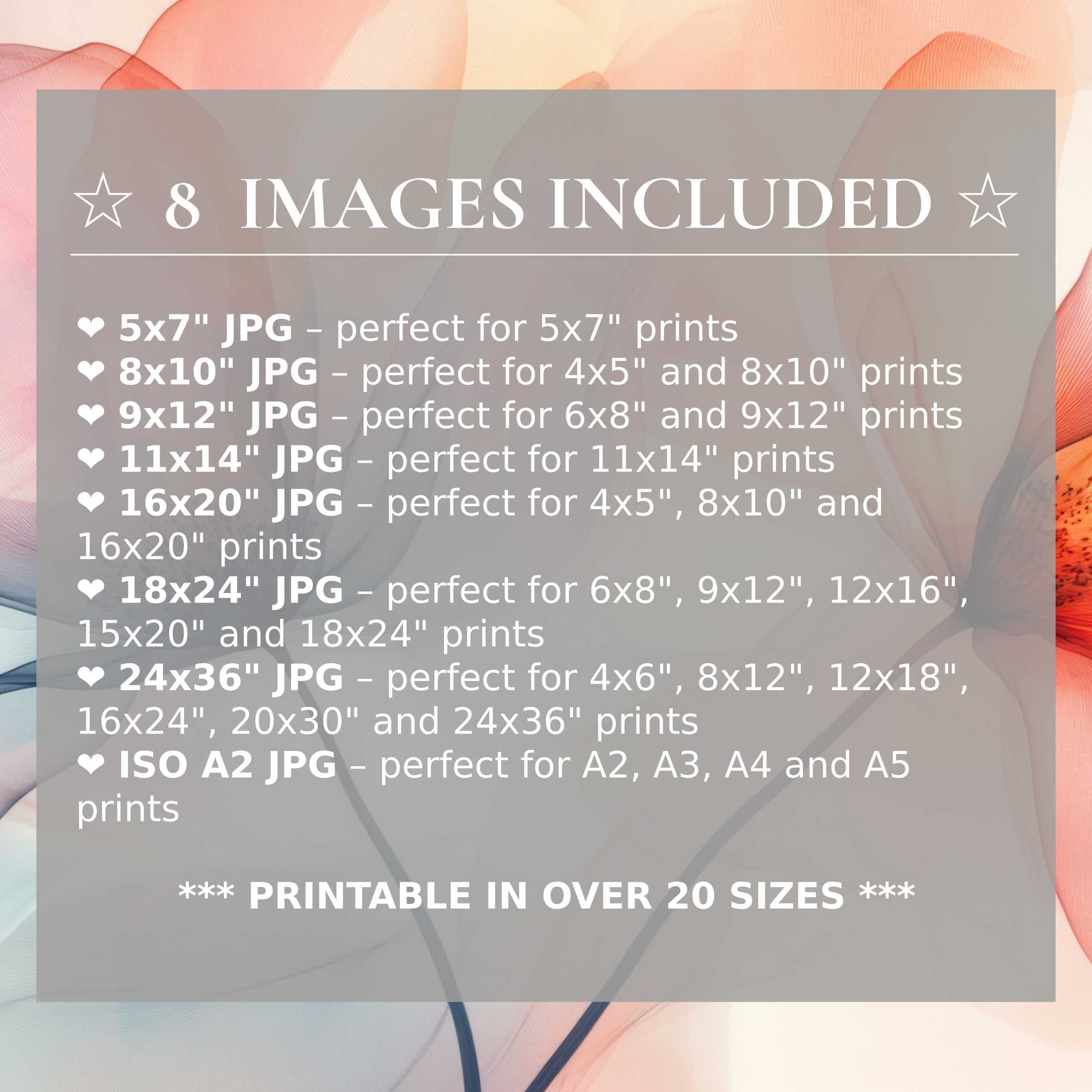 Floral digital print in soft peach and blue hues radiates serene elegance; includes 8 high-quality sizes, perfect for enhancing modern interiors with refined versatility