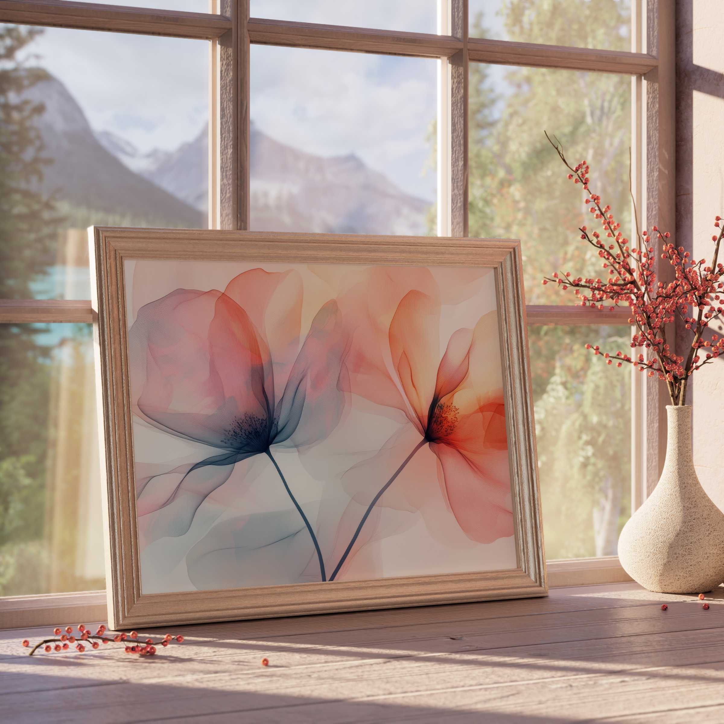 Ethereal floral downloadable art in soft coral and navy hues, perfect for serene, design-forward interiors with refined elegance