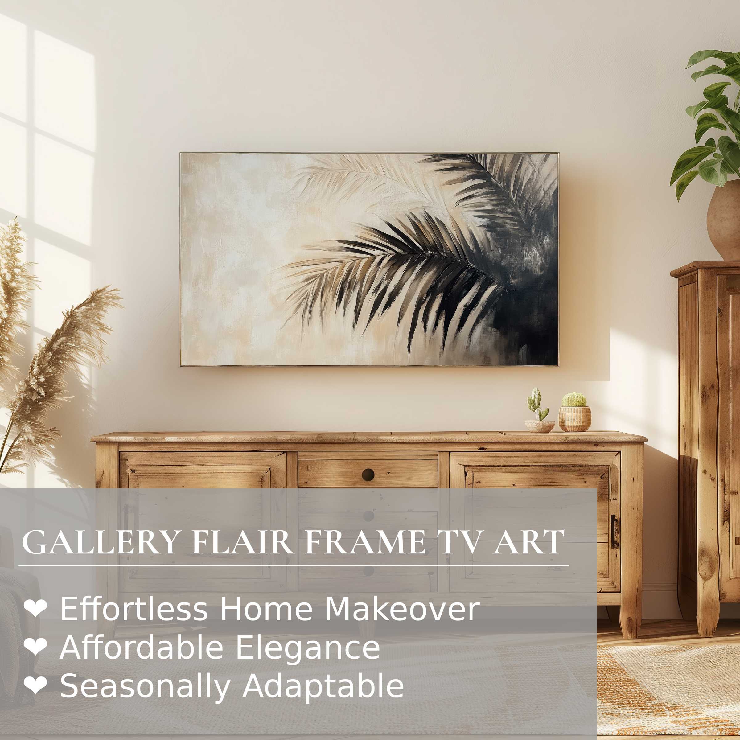 Samsung Frame TV showcasing botanical digital artwork in a serene, modern room with natural wood accents