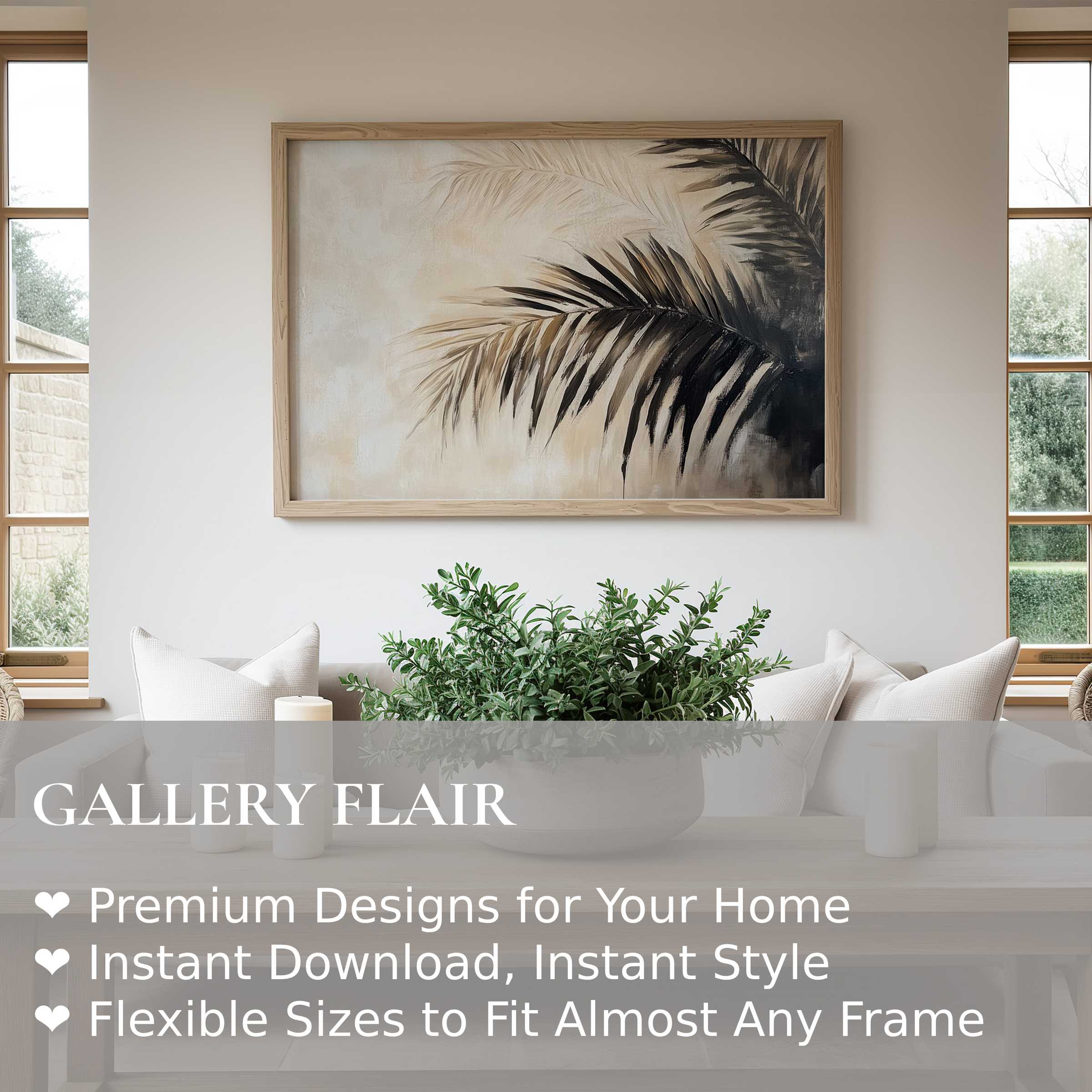 Botanical wall art print with soft beige tones and bold palm leaves, elevating serene modern living rooms with natural elegance