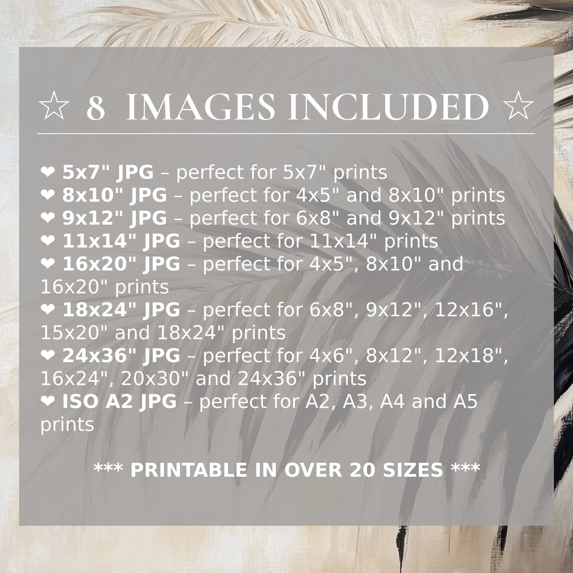 Botanical digital print in serene beige and deep charcoal hues, delivering radiant calm and elegant versatility in 8 high-quality sizes