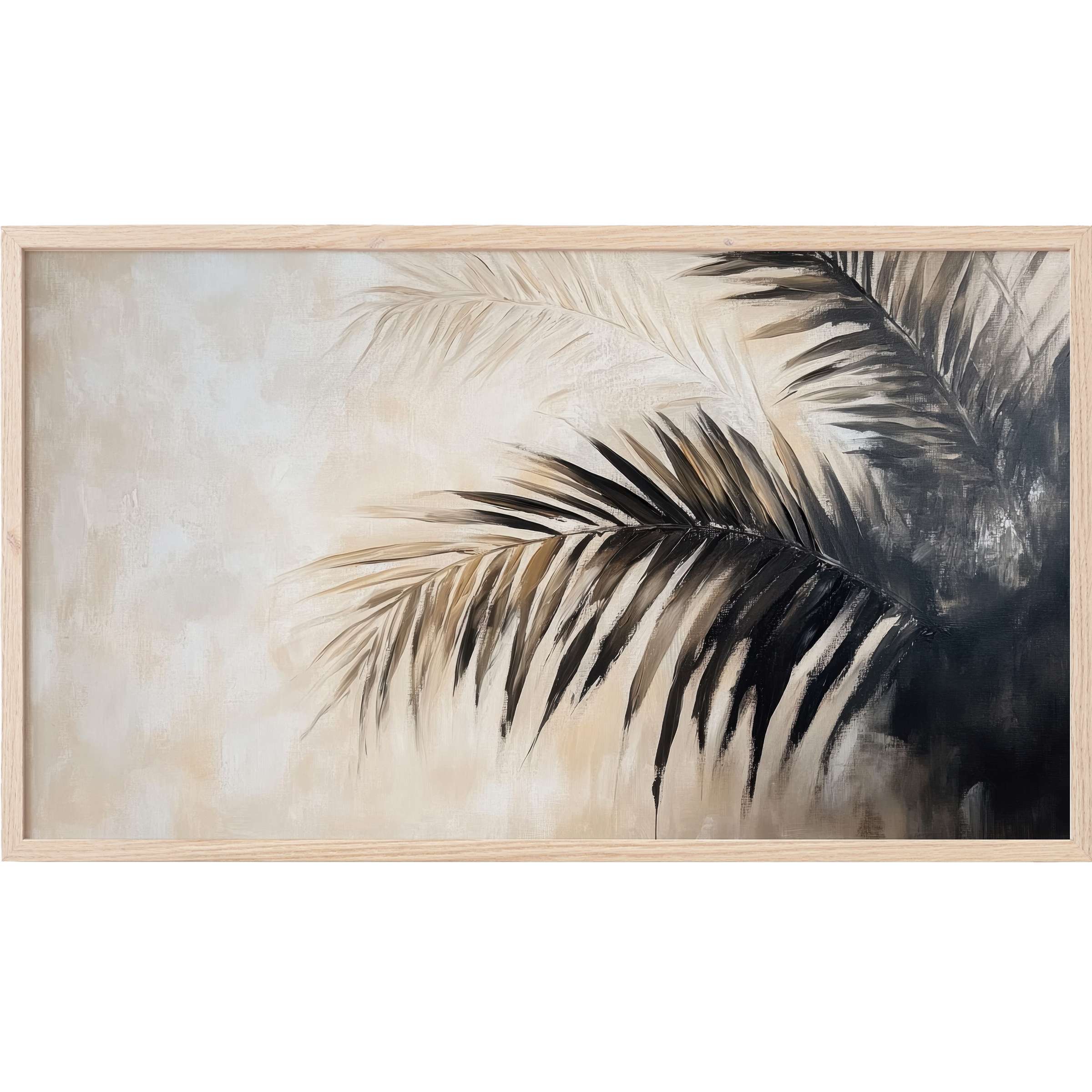 Subtle beige and black tones in a sleek botanical Frame TV Art painting with elegant palm leaf silhouettes