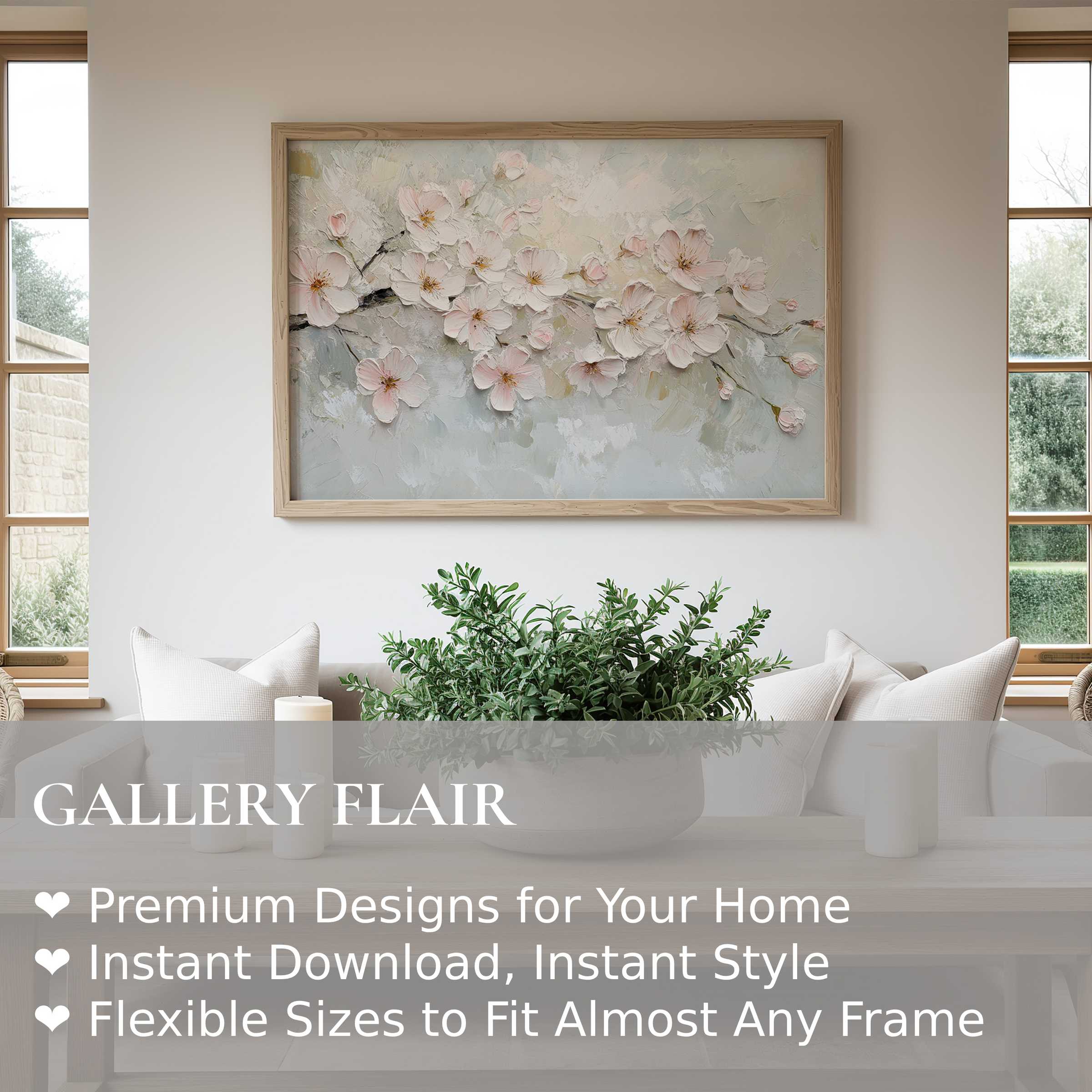 Elegant spring wall art print featuring soft pastel blossoms with textured brushstrokes, enhancing modern minimalist interiors with calming sophistication