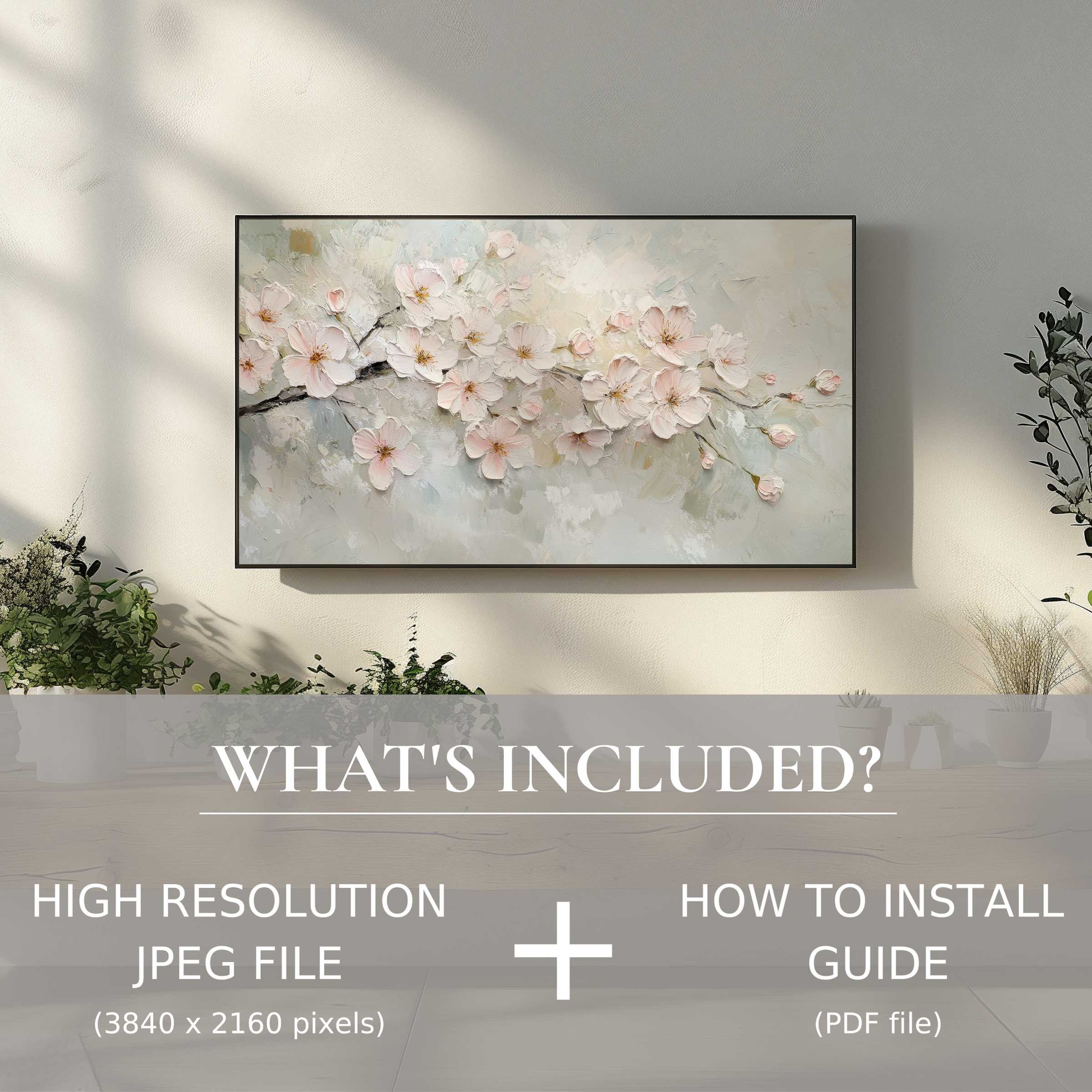 Elegant spring digital TV art download with floral design enhances living space; easy digital use and installation guide included