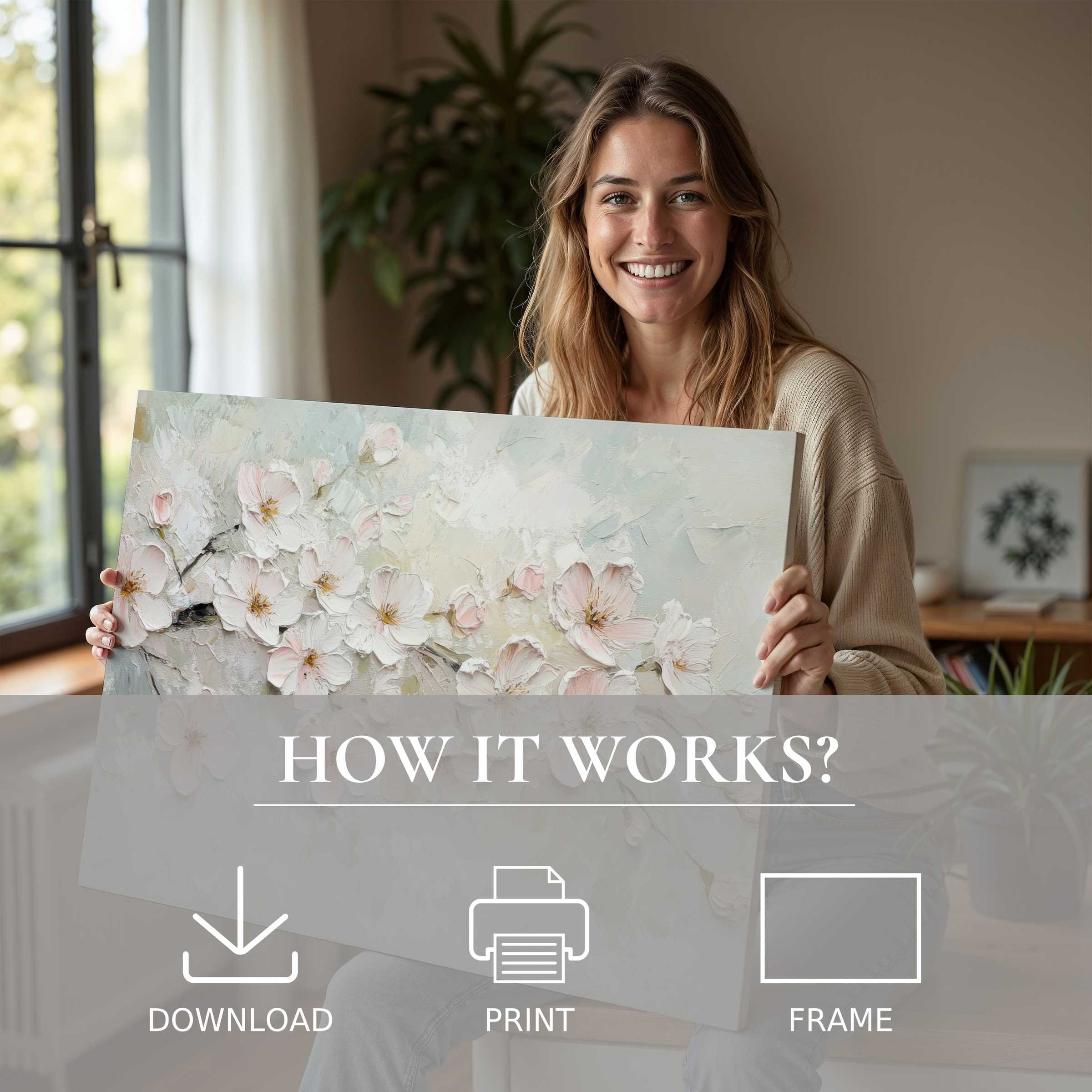 Radiant spring digital art print evokes serene joy in a stylish home, inspiring effortless beauty through timeless connection with art