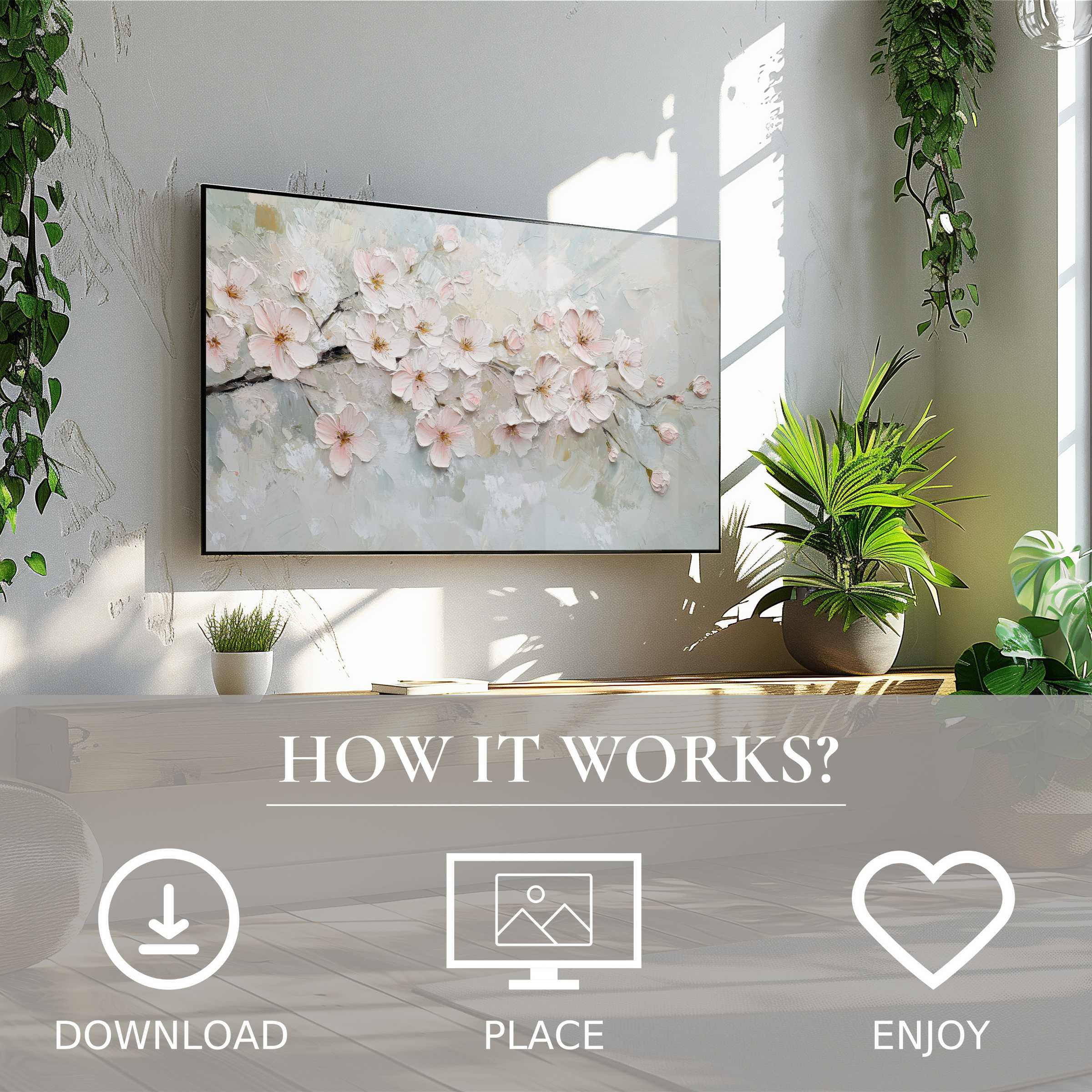 Spring art for Samsung TV: soft pastel blossoms on The Frame, easy digital download enriches any modern space