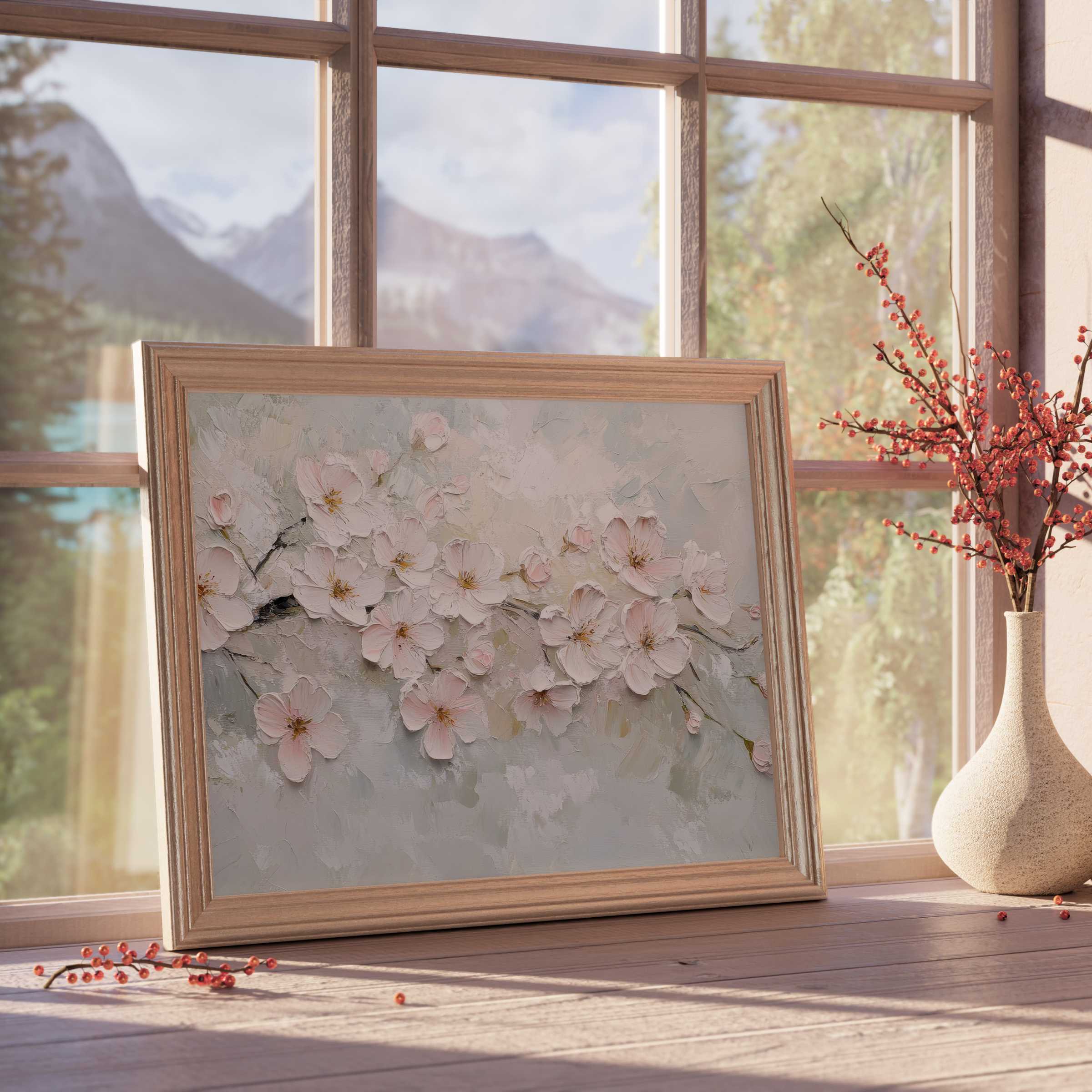 Spring downloadable art capturing delicate cherry blossoms in soft pastel textures, elevating serene, curated interiors with timeless elegance