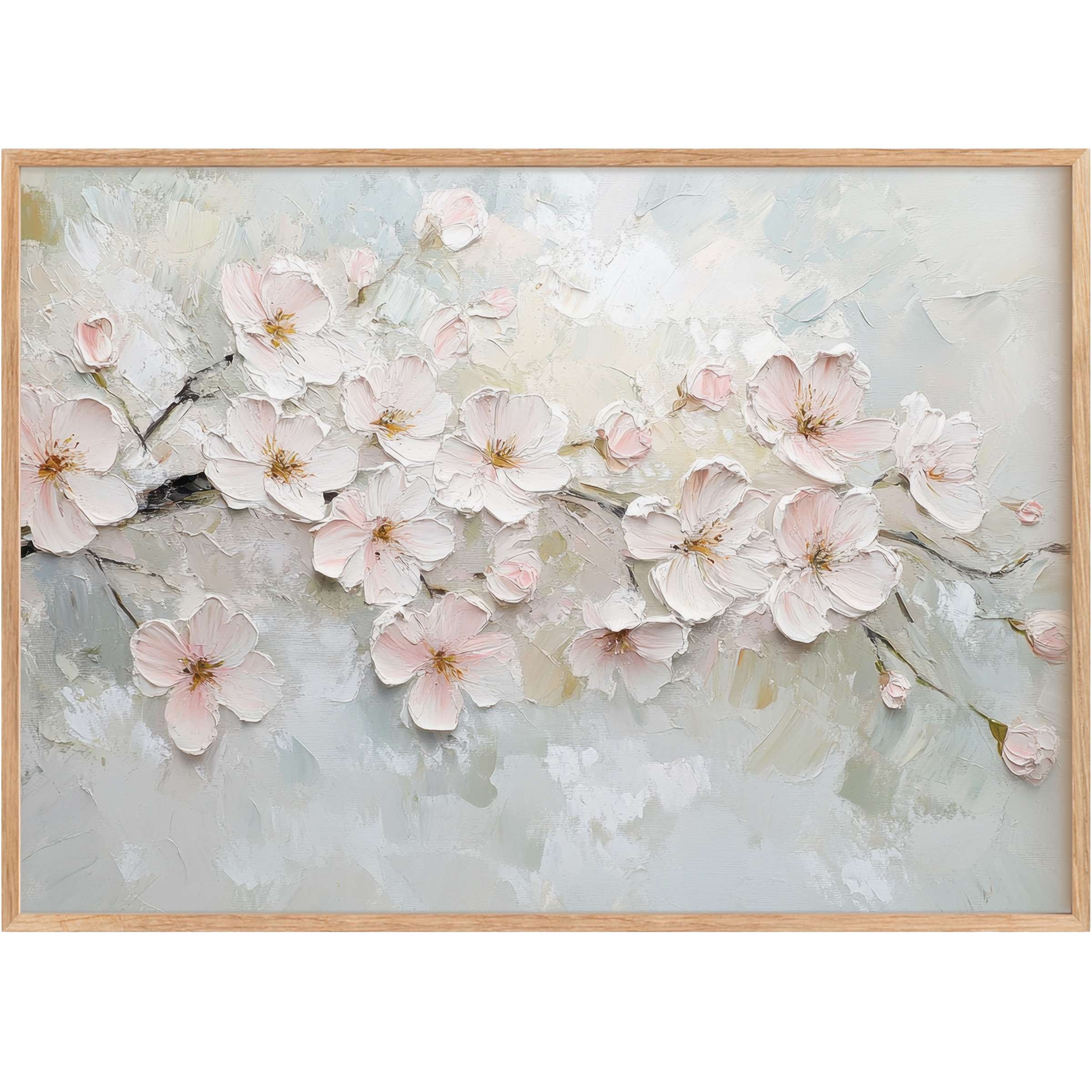 Elegant spring printable wall art featuring soft blush blossoms on textured gray-blue, evoking tranquil renewal
