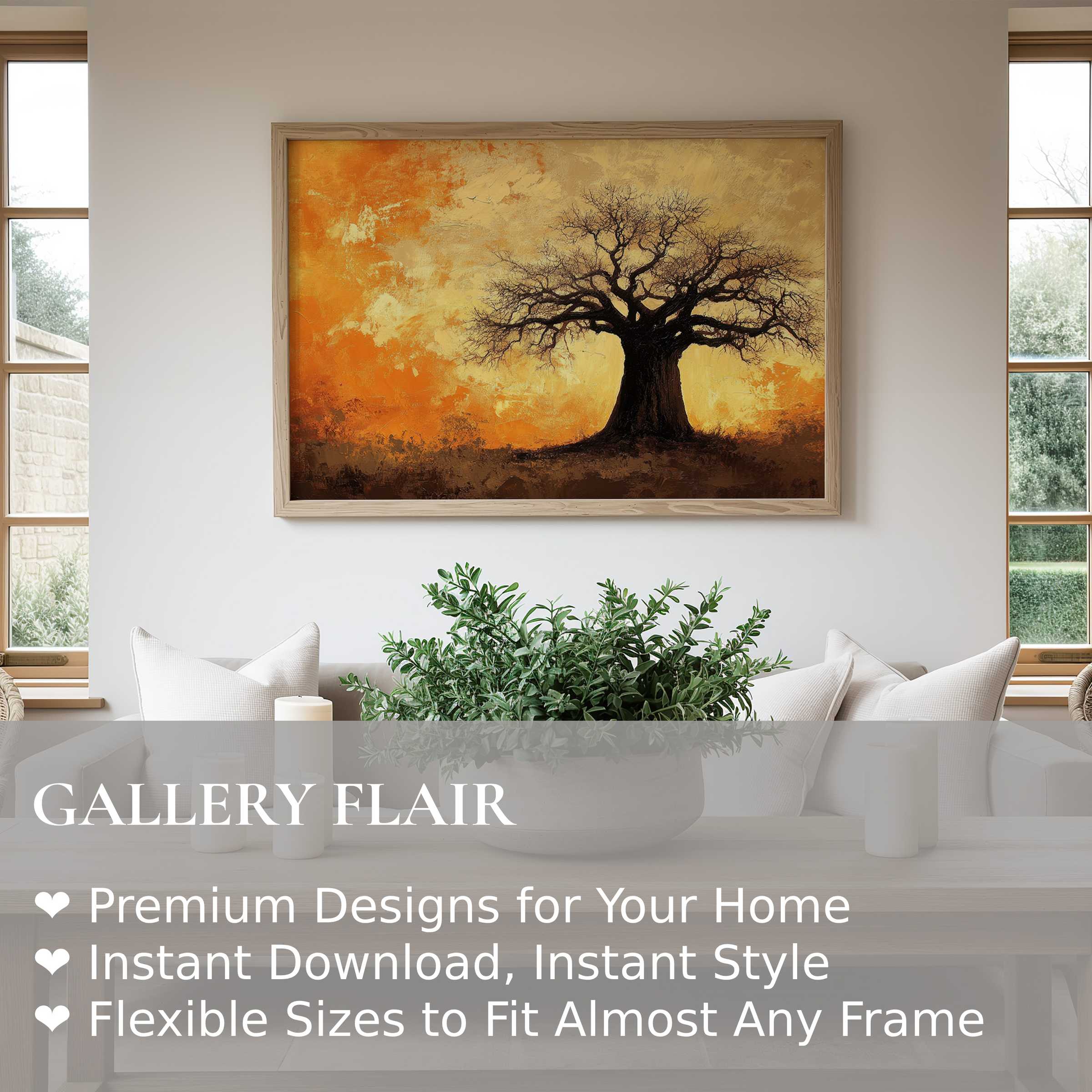 Tree wall art print with radiant amber hues, showcasing a bare tree silhouette that elevates minimalist, modern living spaces with warm, calming elegance