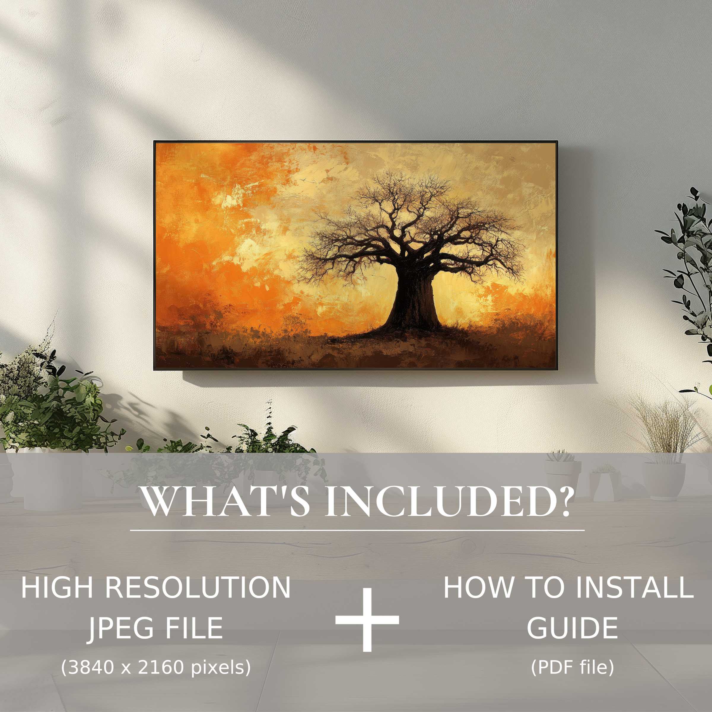 Elegant tree digital TV art download enhances serene living areas with easy digital use and warm, modern style