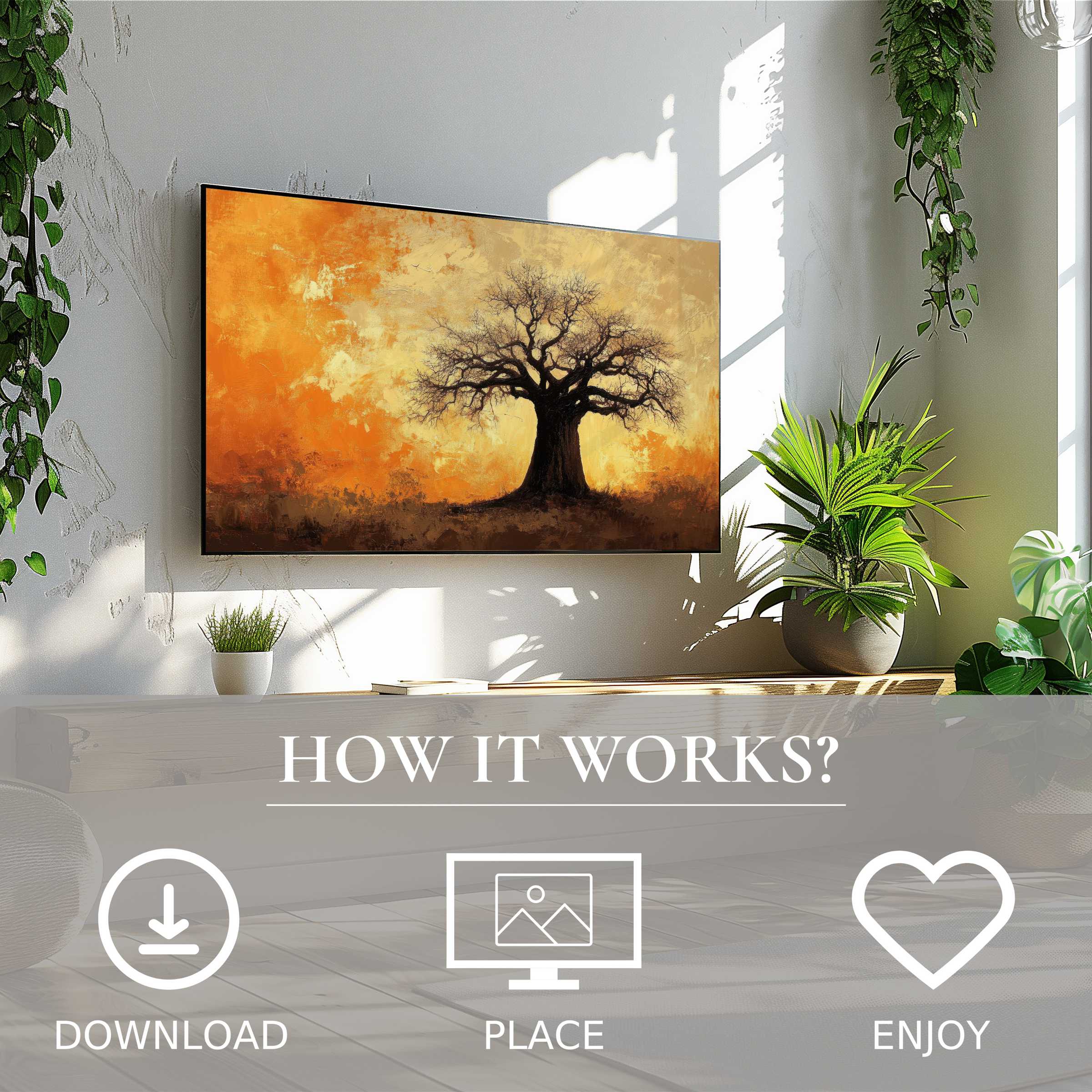 Tree art for Samsung TV with warm sunset tones, easy digital download, enhancing modern living spaces seamlessly