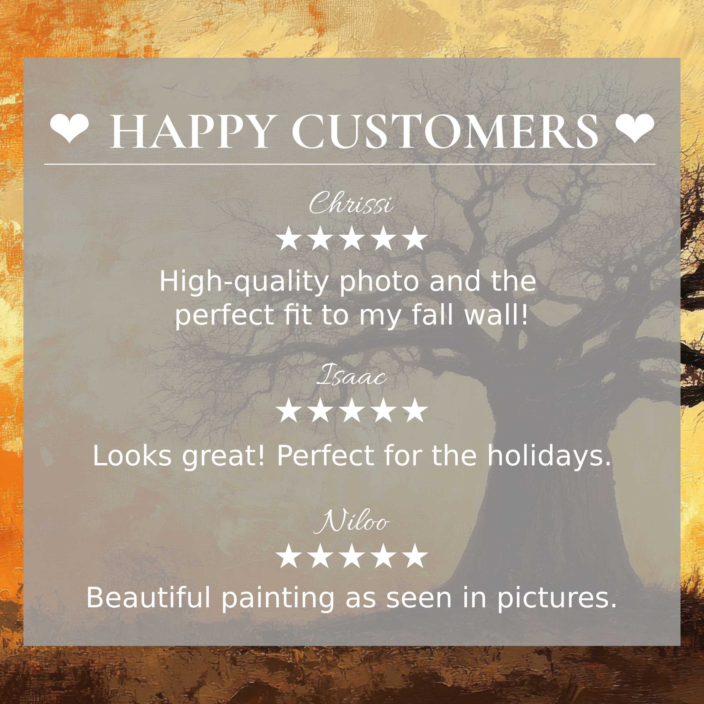 Trustworthy layout with abstract sunset hues and tree silhouette, showcasing happy customer reviews for trees art for Frame TV
