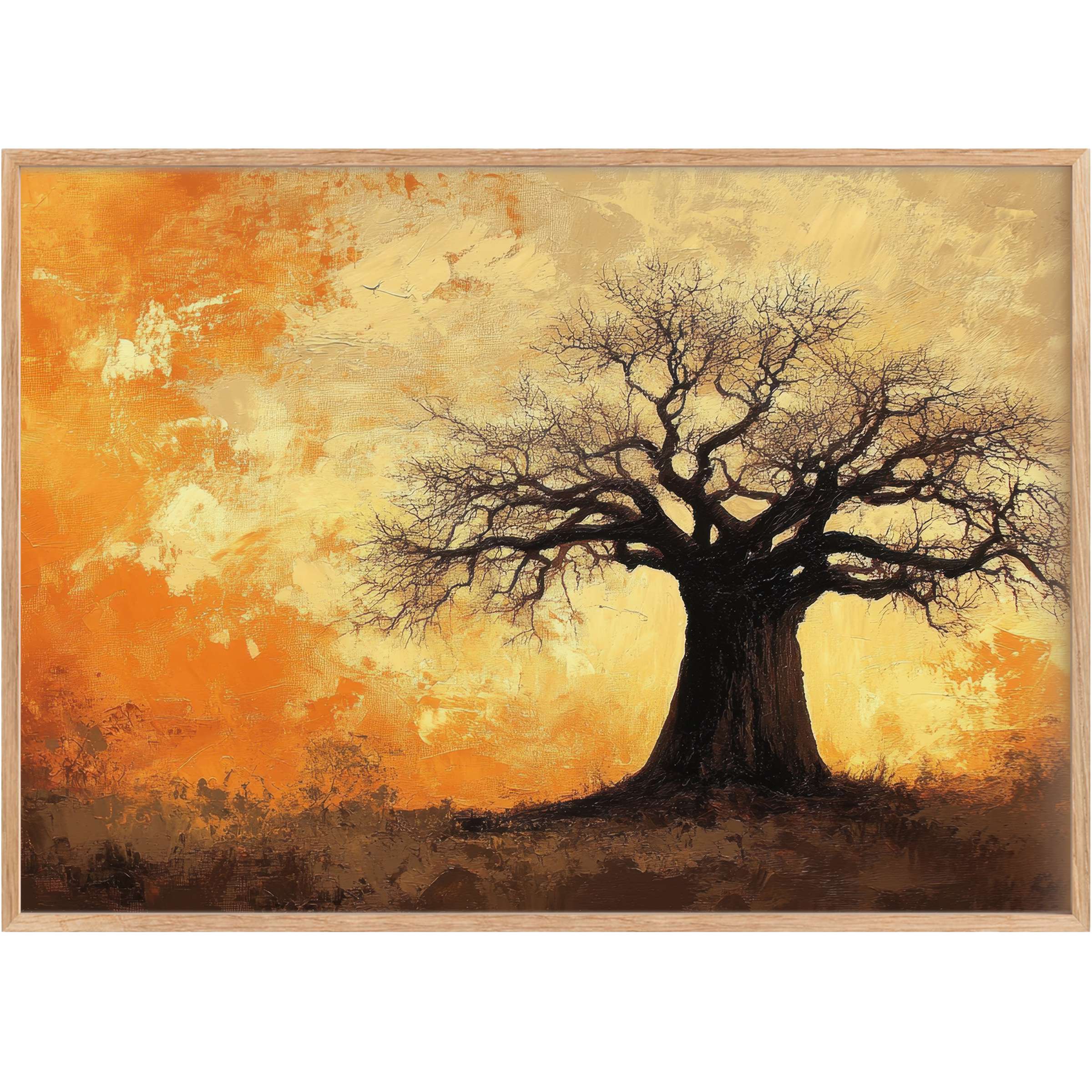 Majestic tree printable wall art in rich amber and ochre hues evokes a warm, grounding, and timeless ambiance for elegant spaces