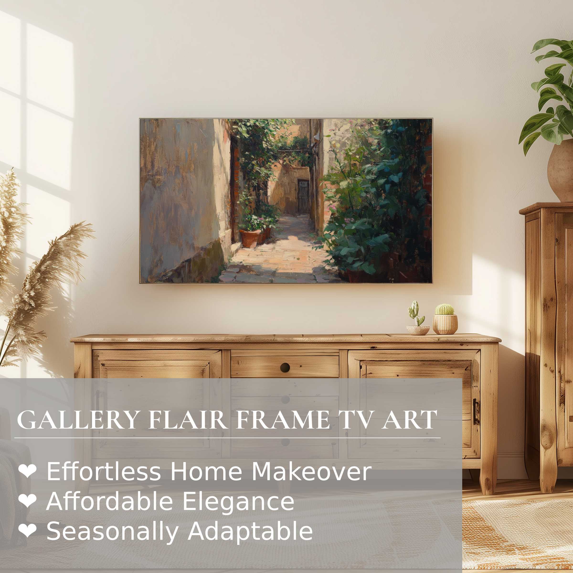 Samsung Frame TV displays refined urban digital artwork, blending rustic charm with modern elegance in a serene setting