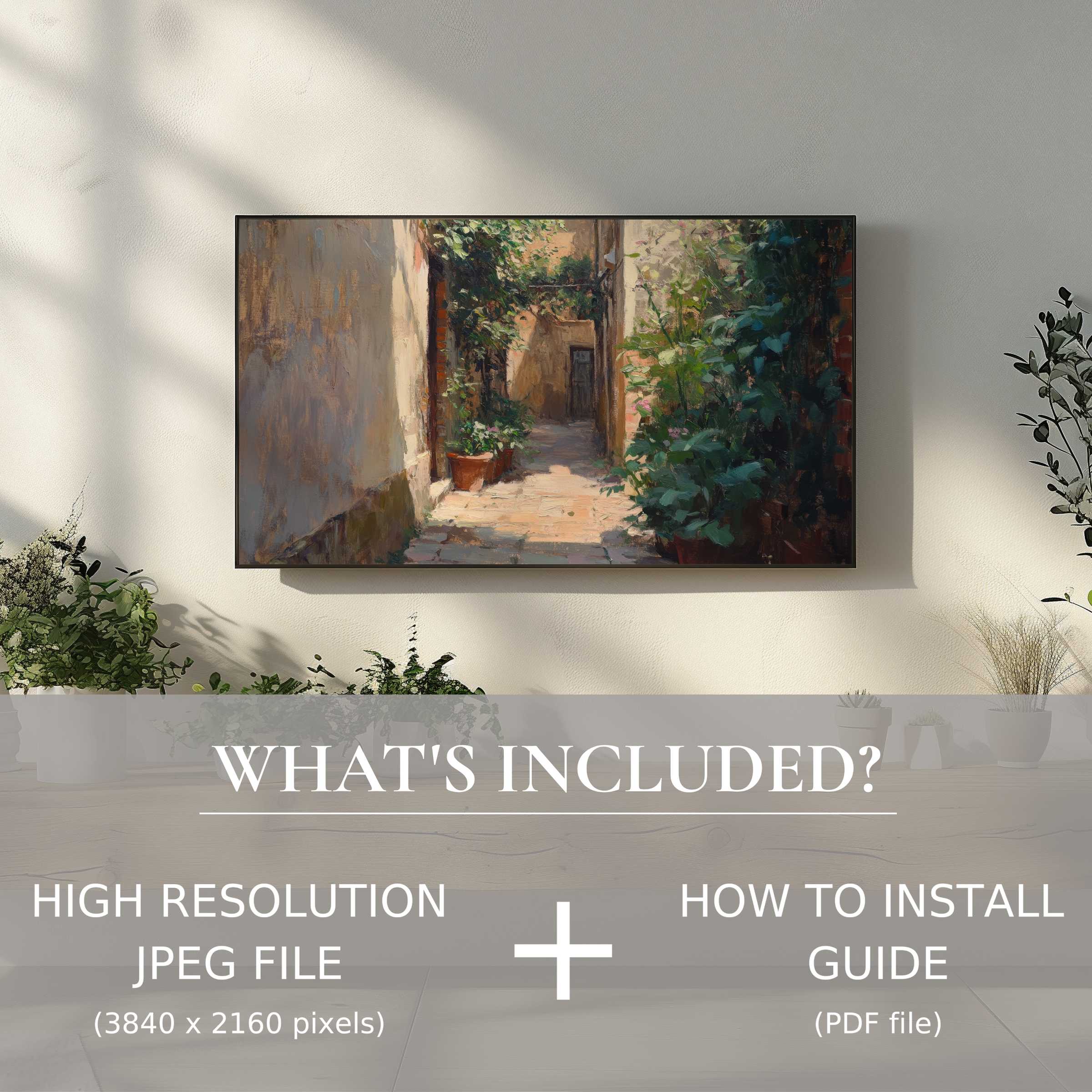 Urban digital TV art download showcasing a sunlit alley painting, elevating your space with effortless digital elegance