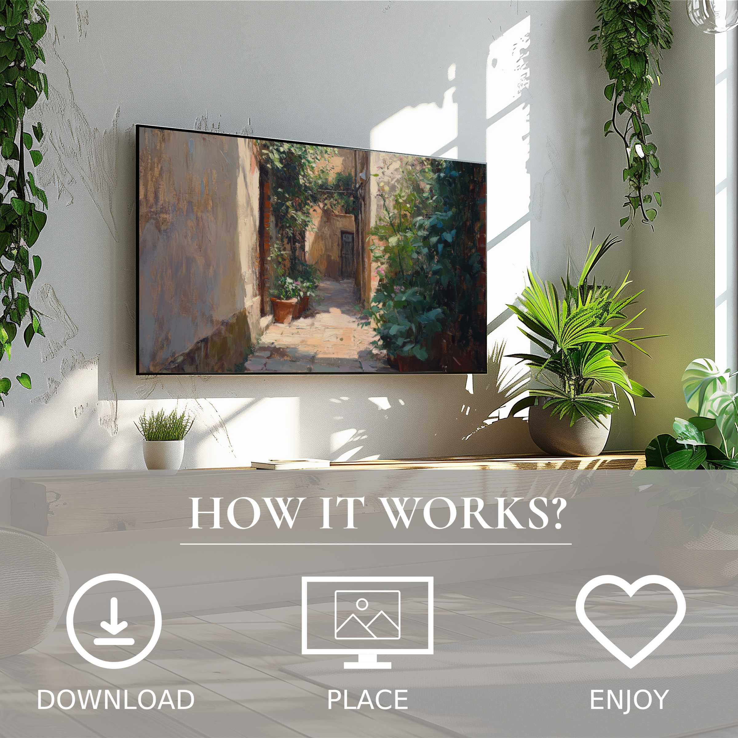 Urban art for Samsung TV shows warm alleyway hues, easy digital download enriches modern, plant-filled living spaces beautifully